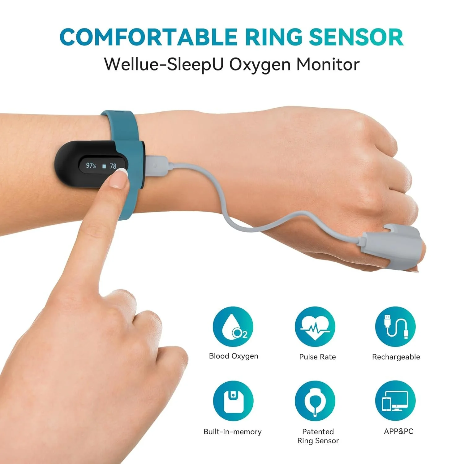 Пульсоксиметр ViATOM SleepU Черно-бирюзовый, фото №2 Пульсоксиметр ViATOM SleepU Черно-бирюзовый, фото №2