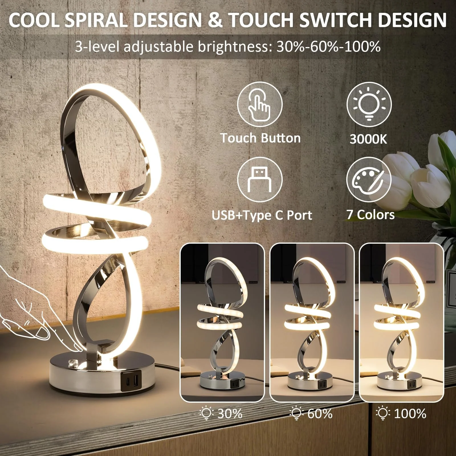 Настольная лампа RGB LED Touch Control Dimmable 6 Colour Changing 3 Levels USB, серебристая, фото №2