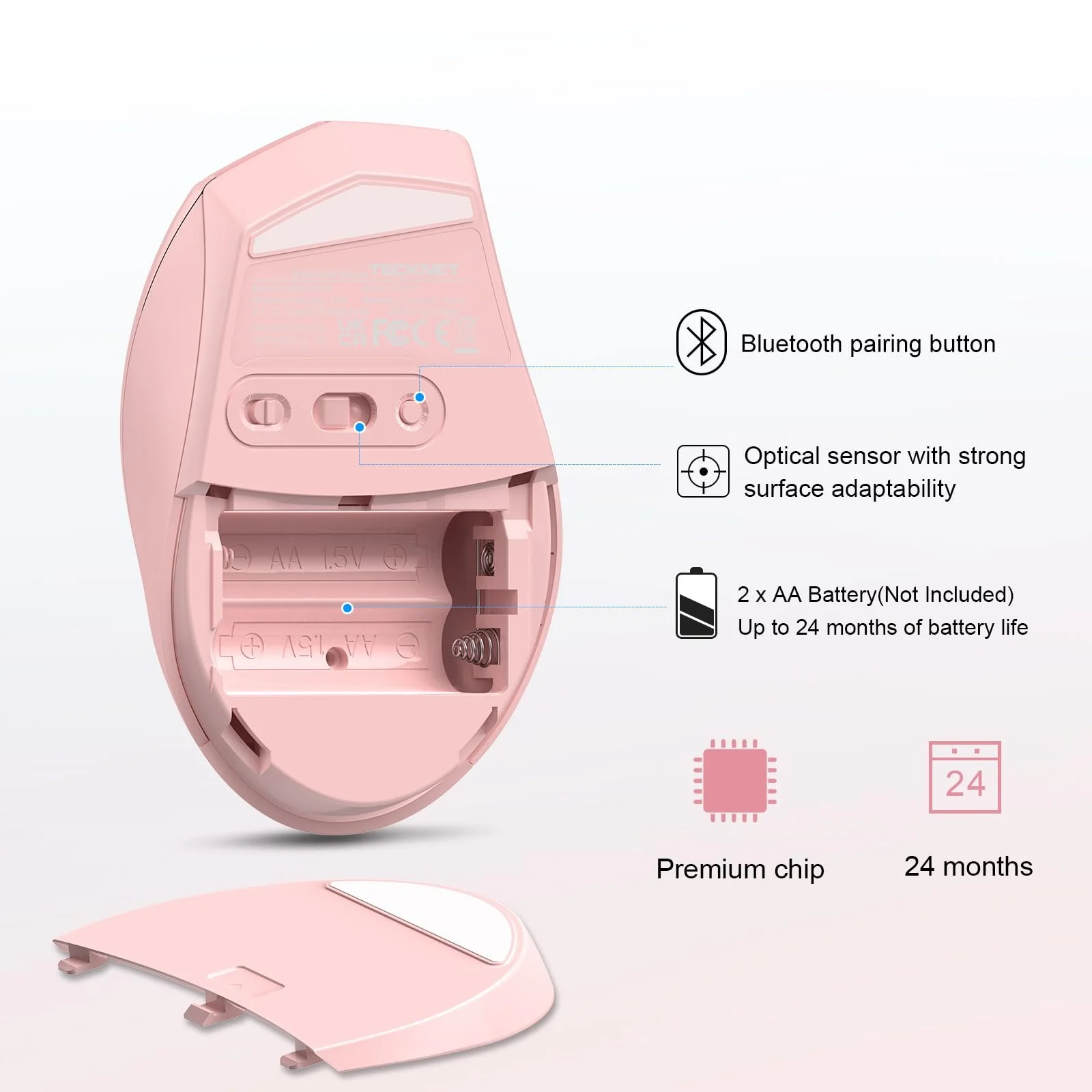 Мышь Bluetooth TECKNET Беспроводная 3200 DPI 6 уровней DPI Розовый, фото №6