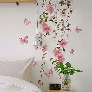 Наклейка на стіну Pink Flower Tendril Butterfly Водонепроникна Рожева synthetic.ua - Фото 1