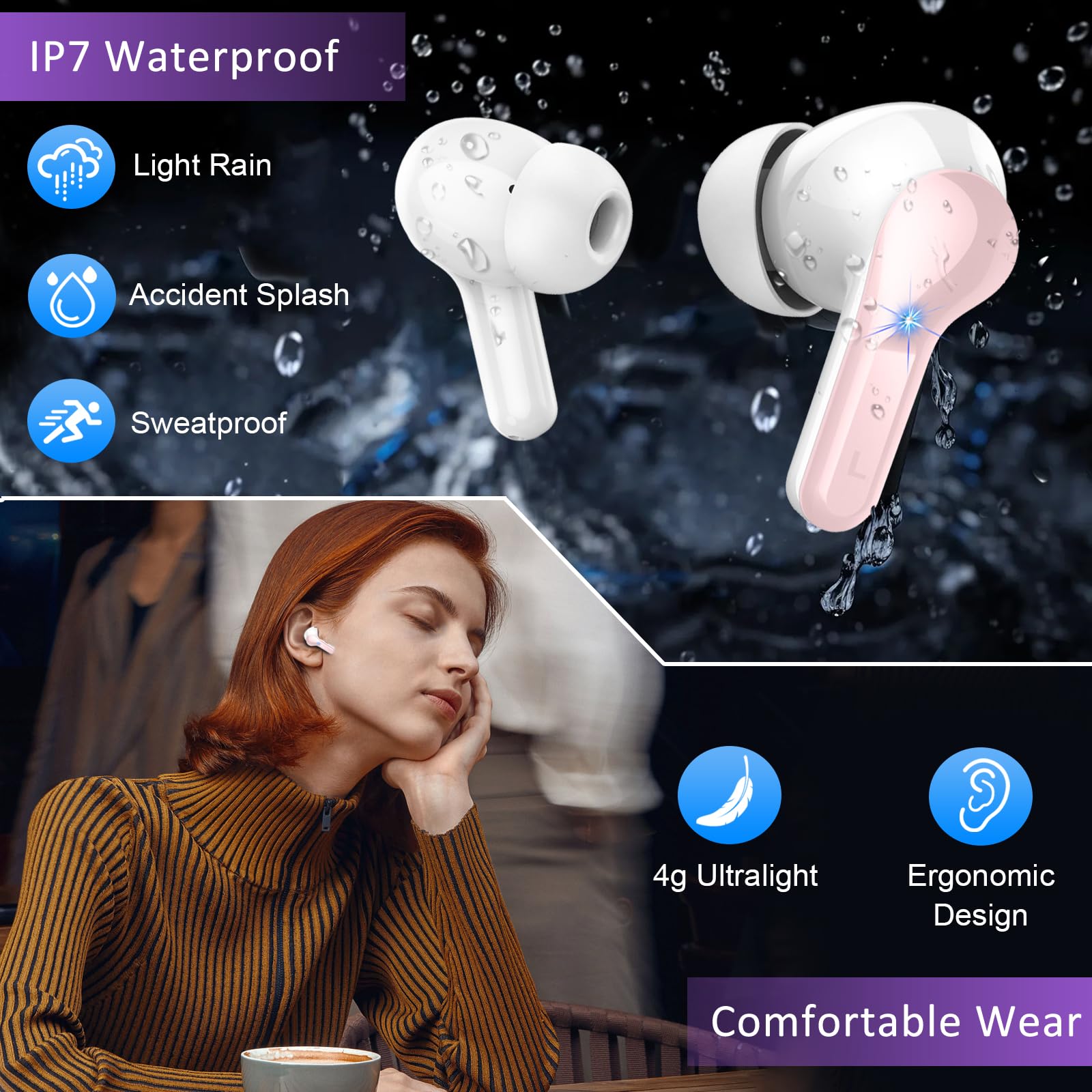Беспроводные наушники AOTONOK Bluetooth 5.3 с 4 ENC микрофонами для подавления шума Мини глубокий бас стереозвук, фото №6