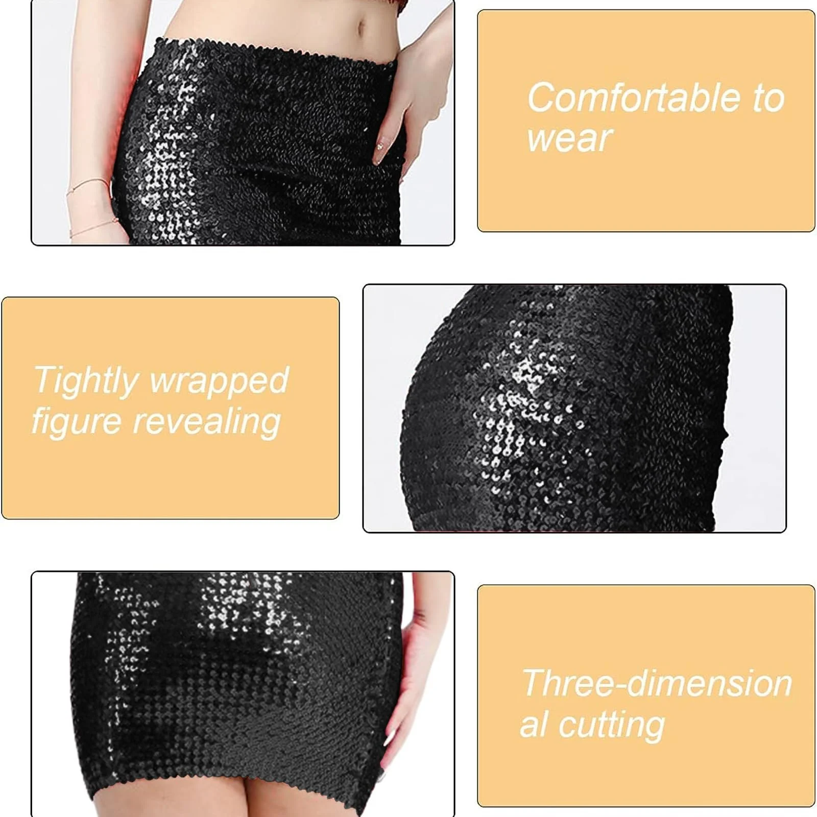 Спідниця-олівець Sequin, міні, облягаюча, еластична, з блискітками, висока талія, фото №4