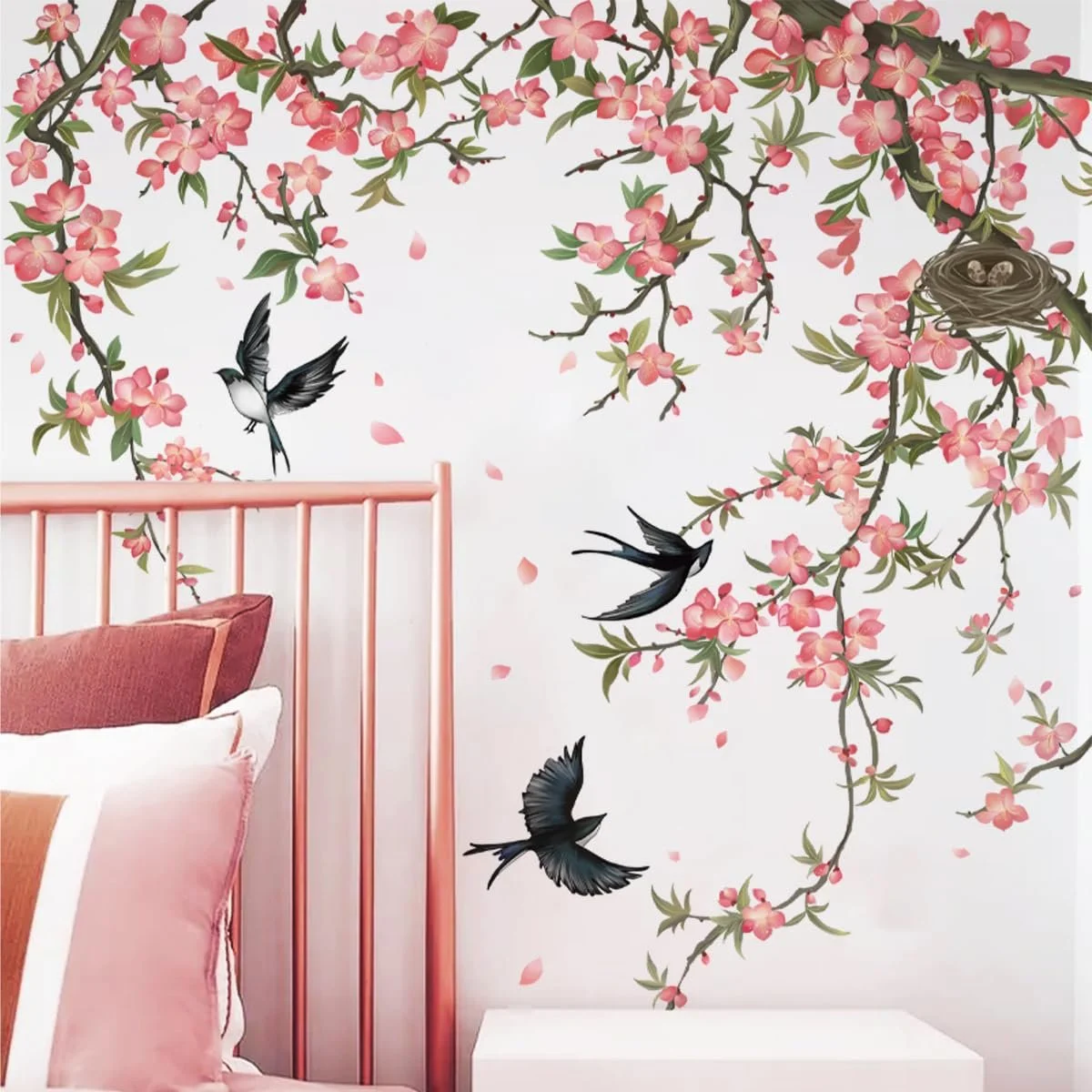 Наклейка на стіну Runtoo Гілка дерева, птахи та квіти Рожева, фото №1