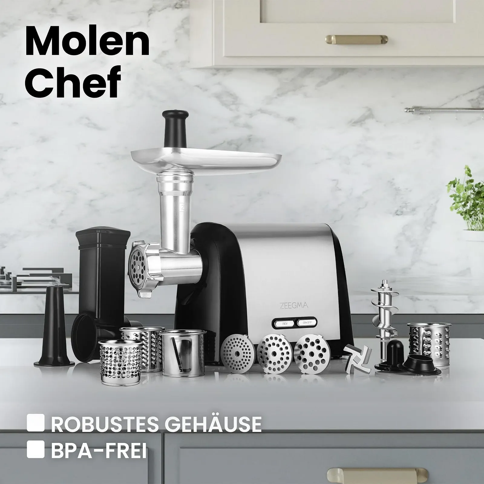 Мясорубка электрическая Zeegma Molen Chef 1200 Вт 1.8 кг/мин реверс, фото №7 Мясорубка электрическая Zeegma Molen Chef 1200 Вт 1.8 кг/мин реверс, фото №7