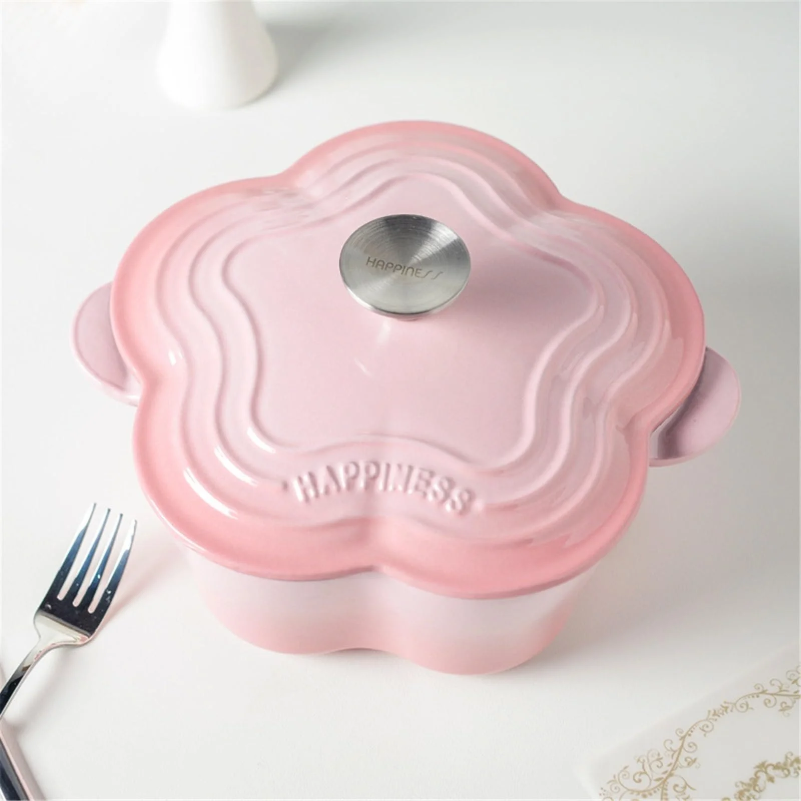 Кастрюля-жаровня Dutch Oven форма цветка эмалированный чугун с крышкой розовая, фото №3