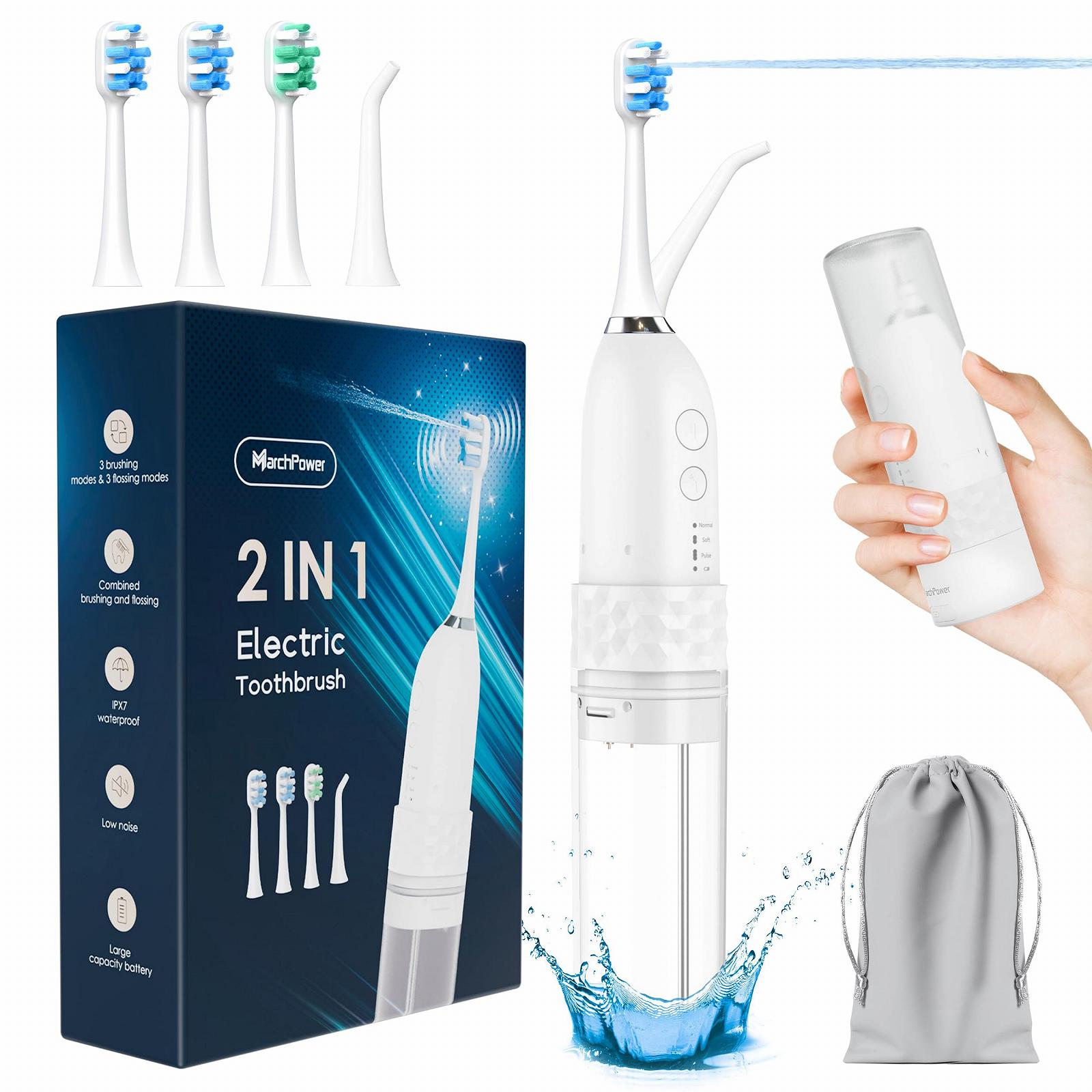 Електрична зубна щітка Marchpower Compact 2 в 1 з іригатором 3 x 4 режими IPX7 Wireless White, фото №1