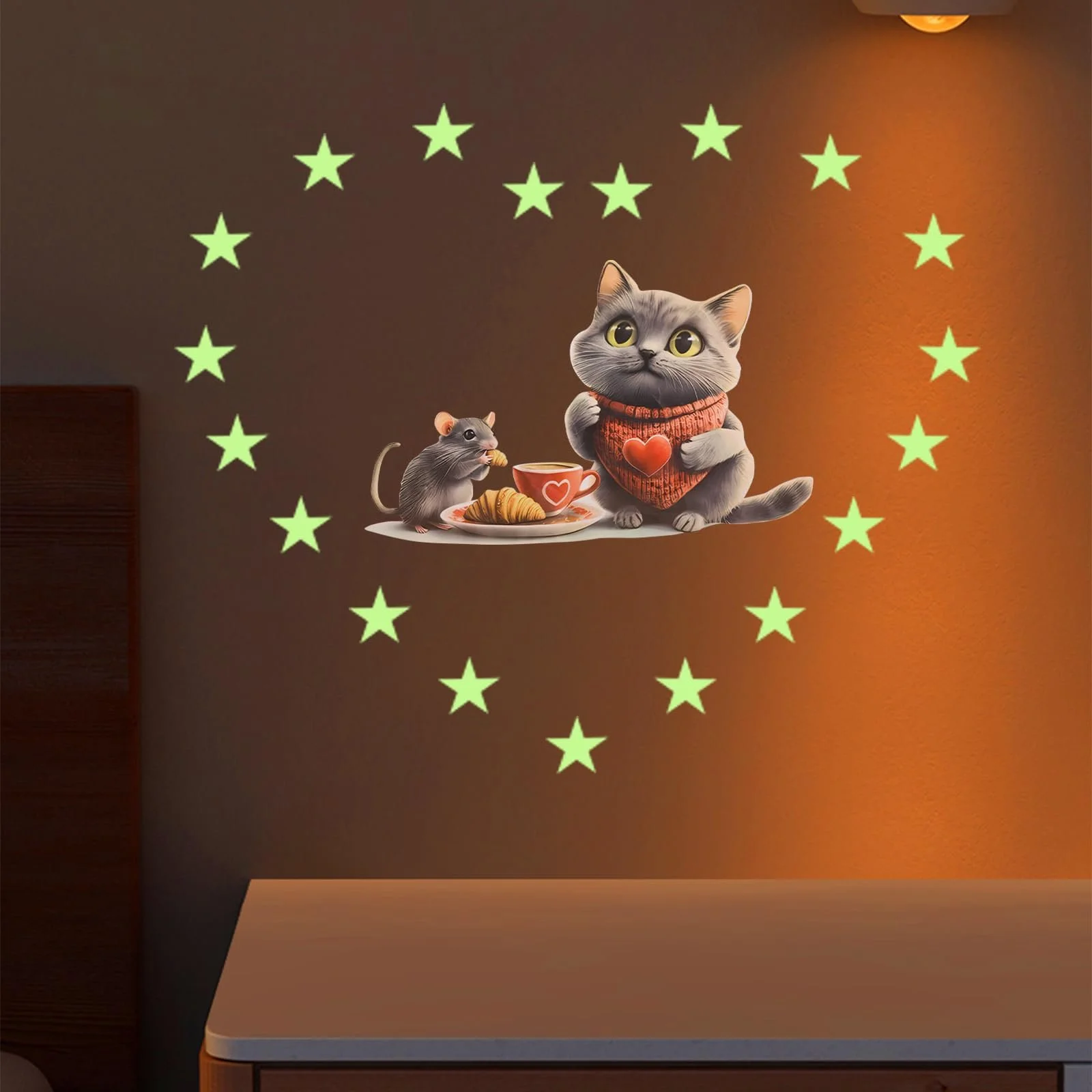 Наклейка на стіну Mouse and Cat Coffee зі 144 зірками що світяться у темряві, фото №3