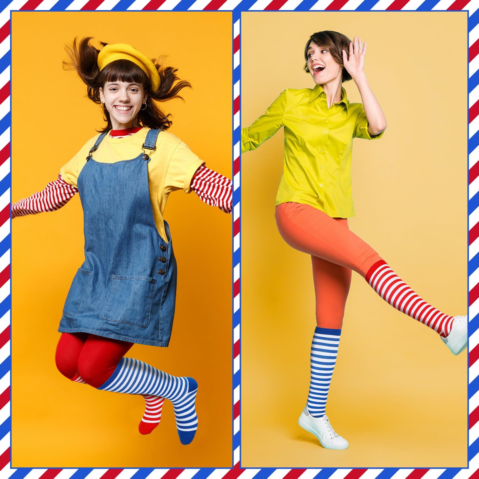 Носки Jadive 2 пары карнавальные выше колена Красный Белый Синий Белый Ретро Полосатые Носки для Женщин и Мужчин, фото №5