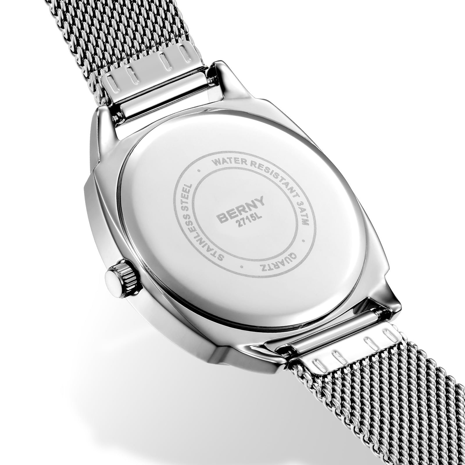 Женские часы BERNY Классические железнодорожные часы Аналоговые кварцевые часы Минималистичные женские часы Ремешок из нержавеющей стали Серебряные часы 3ATM водостойкие, фото №3