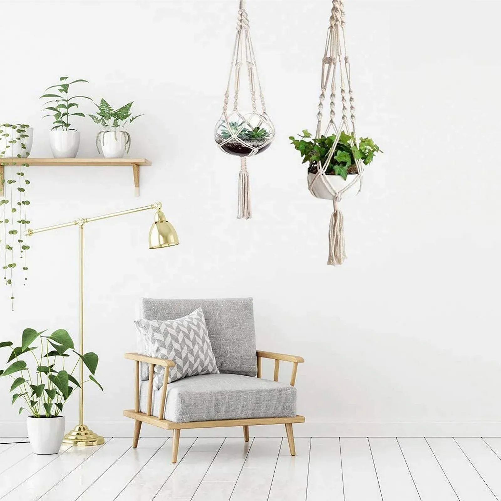 Підвісне кашпо макраме з бавовняної мотузки на 4 ніжки, фото №3