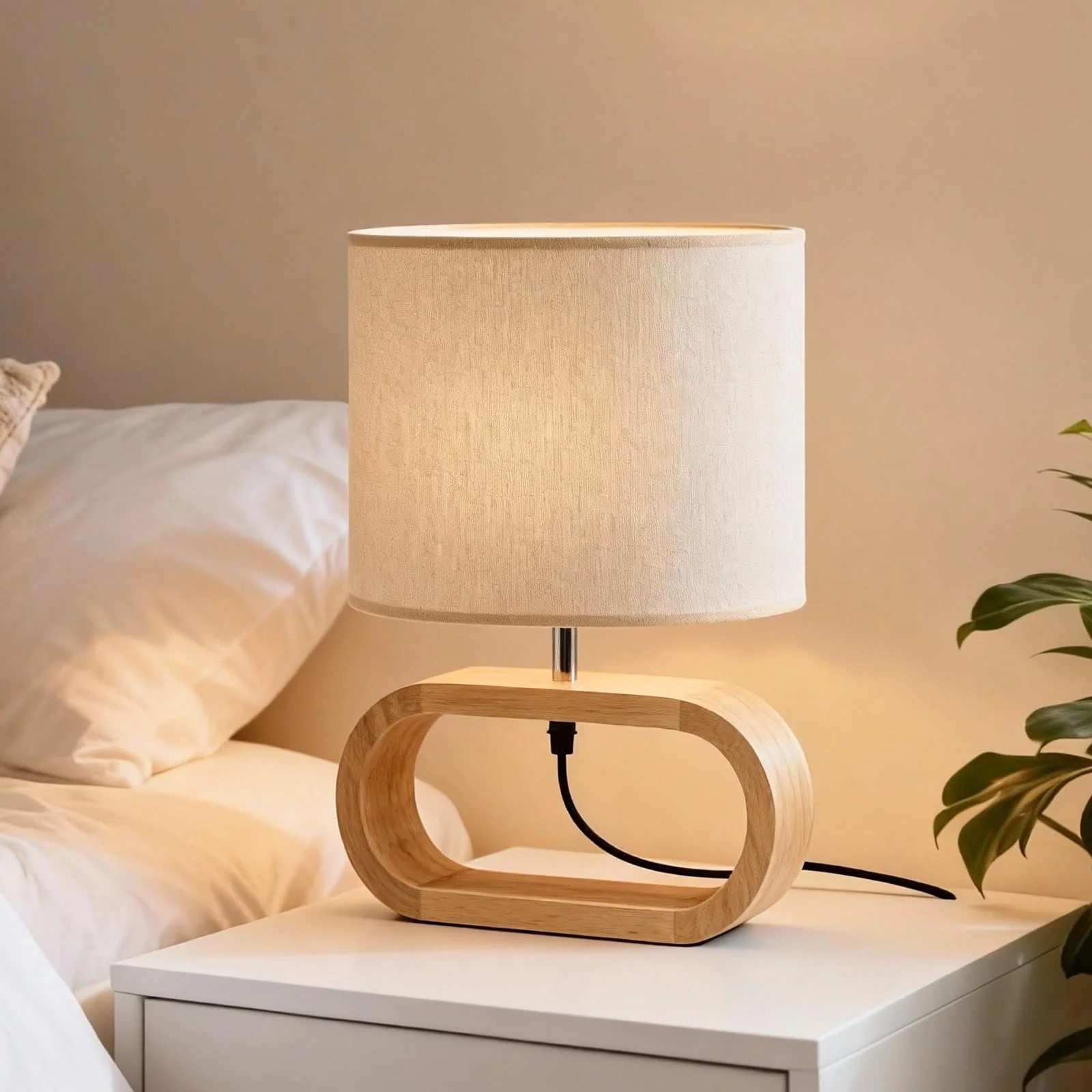 Настільна лампа SUNOYA дерев'яна з лляним плафоном та 3 режимами світла, фото №4