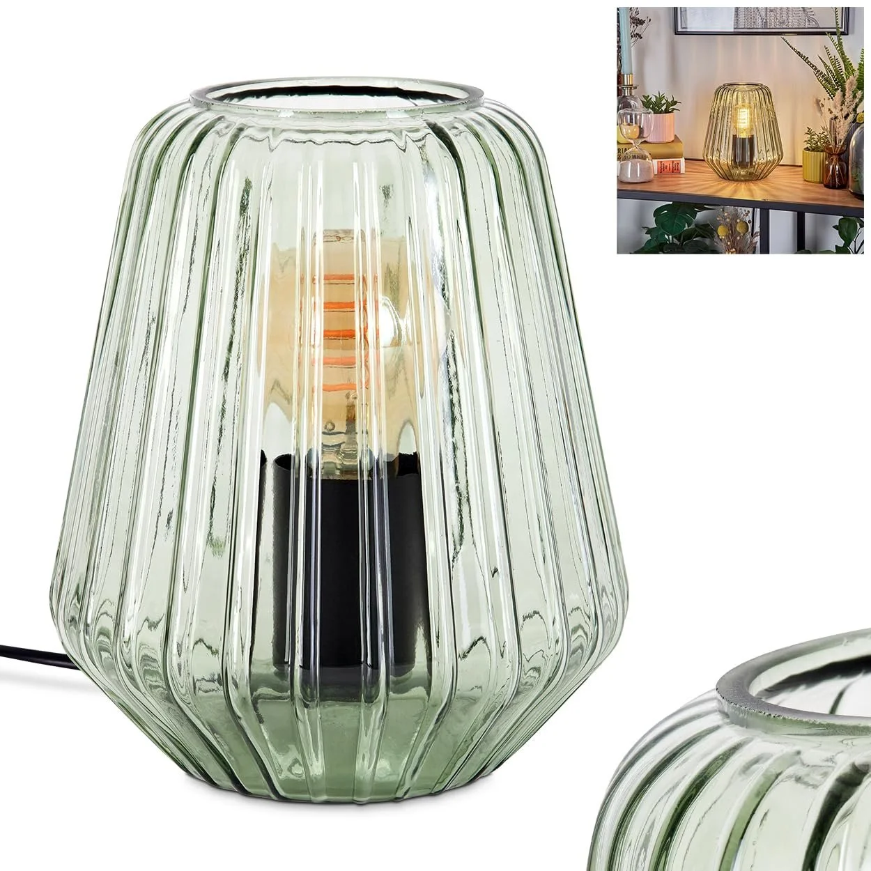 Настільна лампа HOFSTEIN Telhais метал/скло Ø17 см 1 x E27 чорна/зелена, фото №1