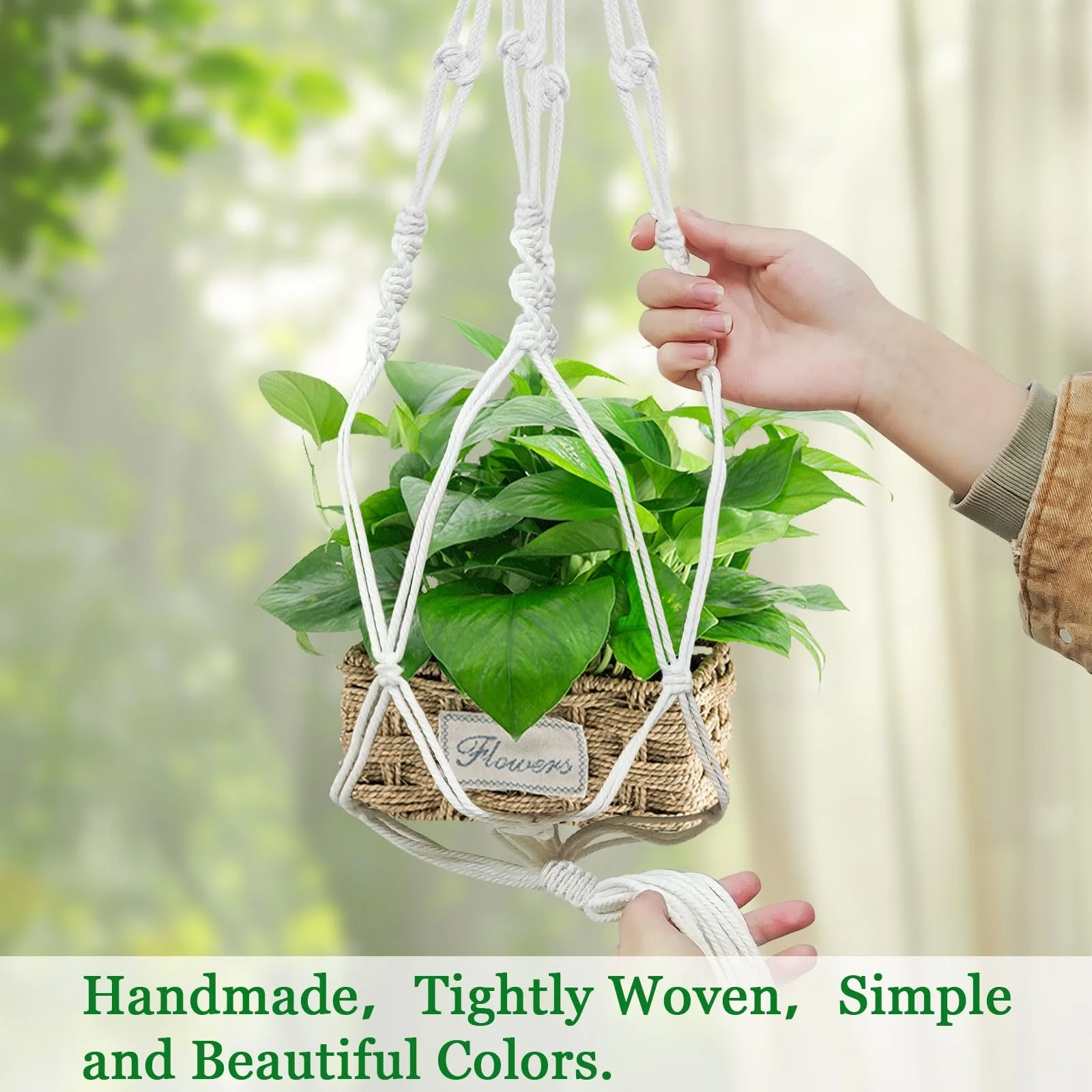 Підвісне макраме-кашпо для рослин Бавовна Бежевий з китицями та гачками, фото №3 Підвісне макраме-кашпо для рослин Бавовна Бежевий з китицями та гачками, фото №3