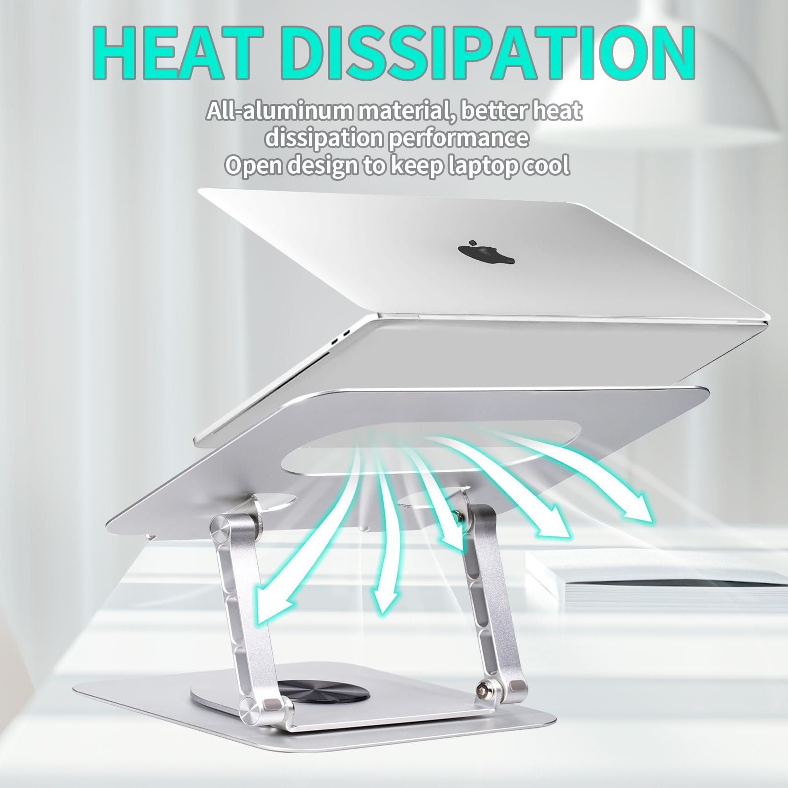 Підставка для ноутбука Crumya, алюмінієвий сплав, 360 градусів, PC, складана, ергономічна, регульована по висоті та куту, до 17 дюймів, срібляста, фото №5