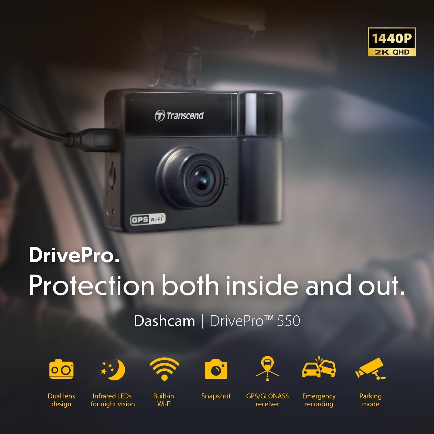 Відеореєстратор Transcend DrivePro 550 / 2К / 140° / GPS / Wi-Fi / 128ГБ вбудованої пам'яті / Додаткова камера / Чорний, фото №5