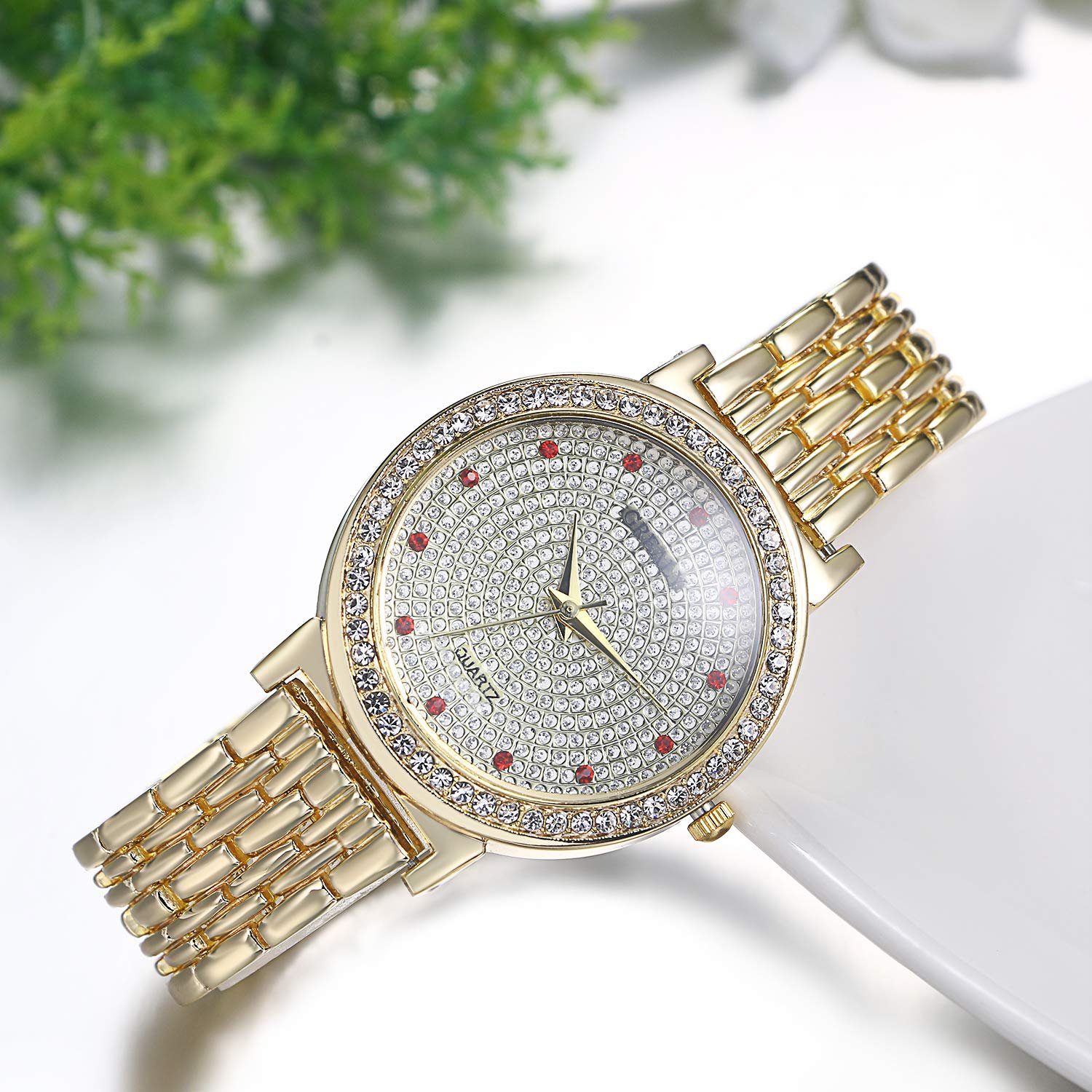 Женские часы JewelryWe Кварцевые аналоговые Золотые, Красный страз, Браслет, фото №4