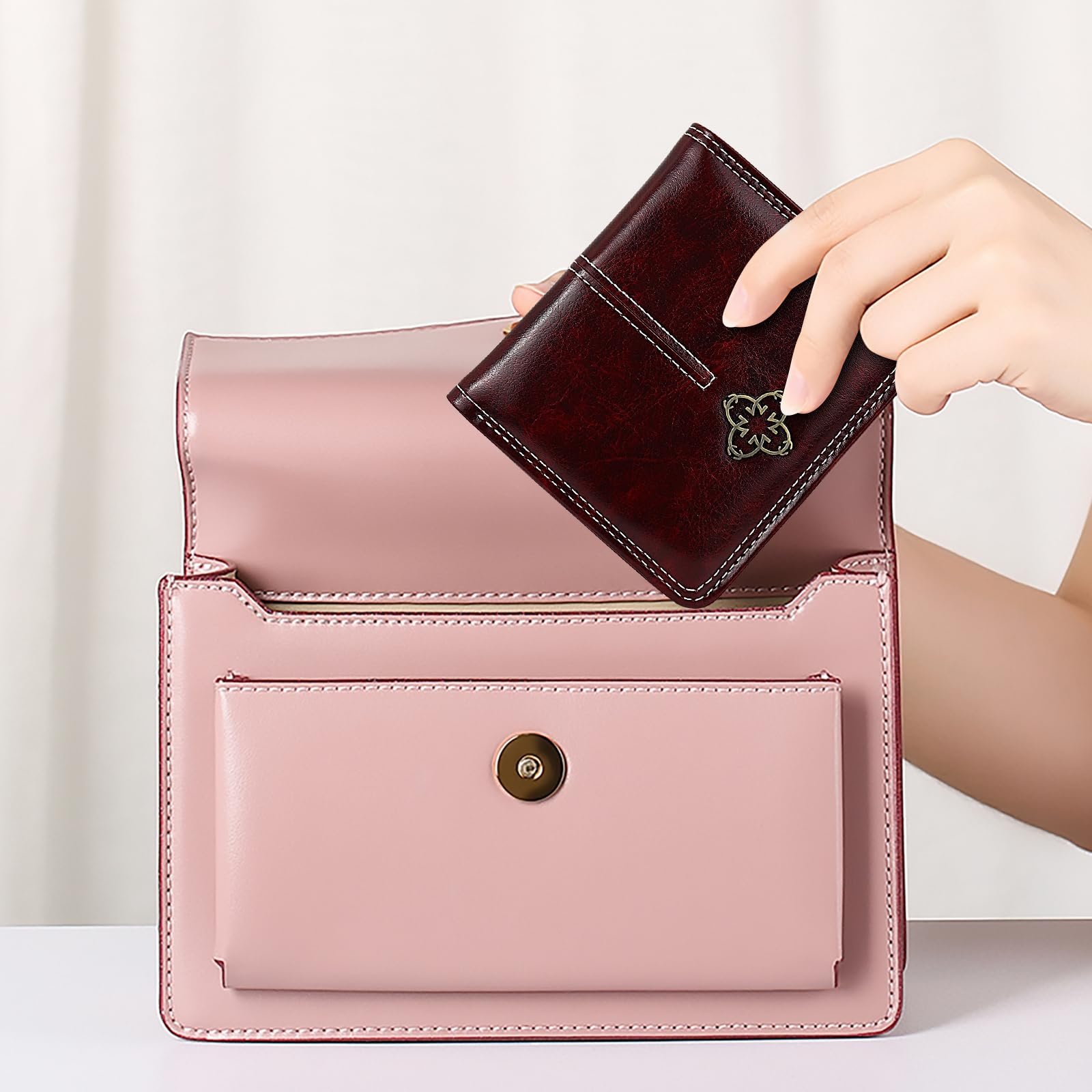 Кошелек AdiStylinno Маленький PU Кожаный Цветочный Bifold Slim Mini Ретро Картхолдер Отделение для монет Окно для ID 6 слотов для карт, винно-красный, ретро, фото №6
