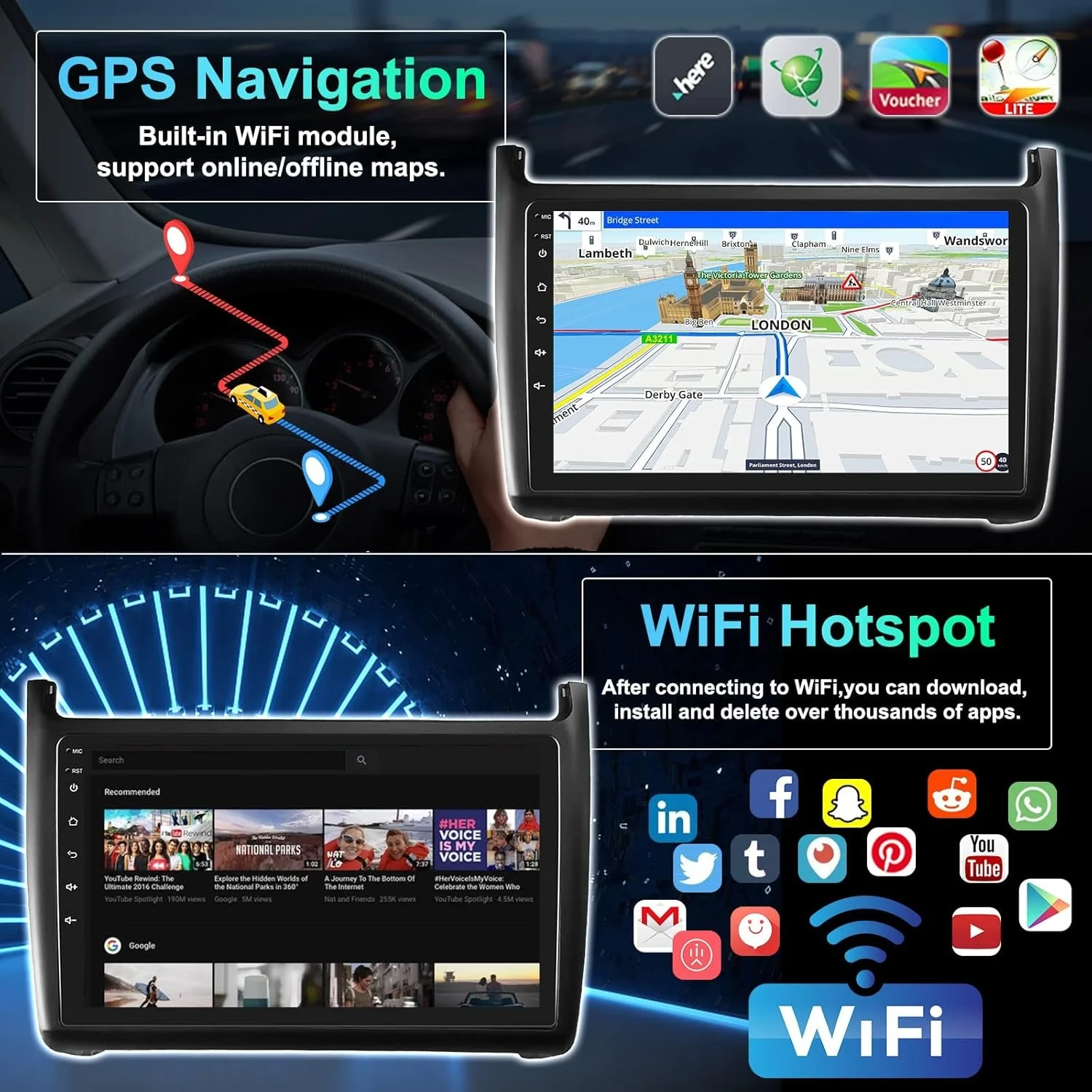 Штатная автомагнитола CAMECHO для VW Polo 6R 6C 9N 2008-2016 / 9" / Сенсорная / 2/32Гб / Android 13 / Apple CarPlay / Android Auto / Bluetooth / WI-FI / GPS / USB, фото №3