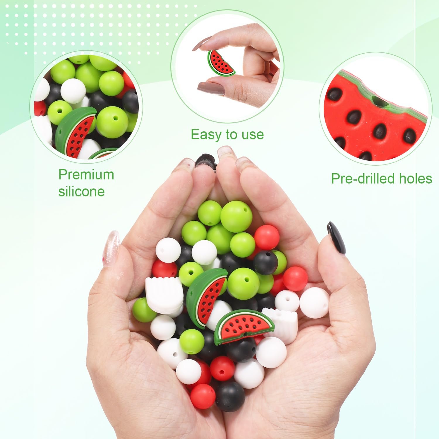 Силиконовые бусины Арбуз, набор 100 штук, летние разноцветные силиконовые бусины, шестигранные круглые бусины с нейлоновой веревкой для DIY поделок, брелоков, браслетов, ожерелий, фото №4