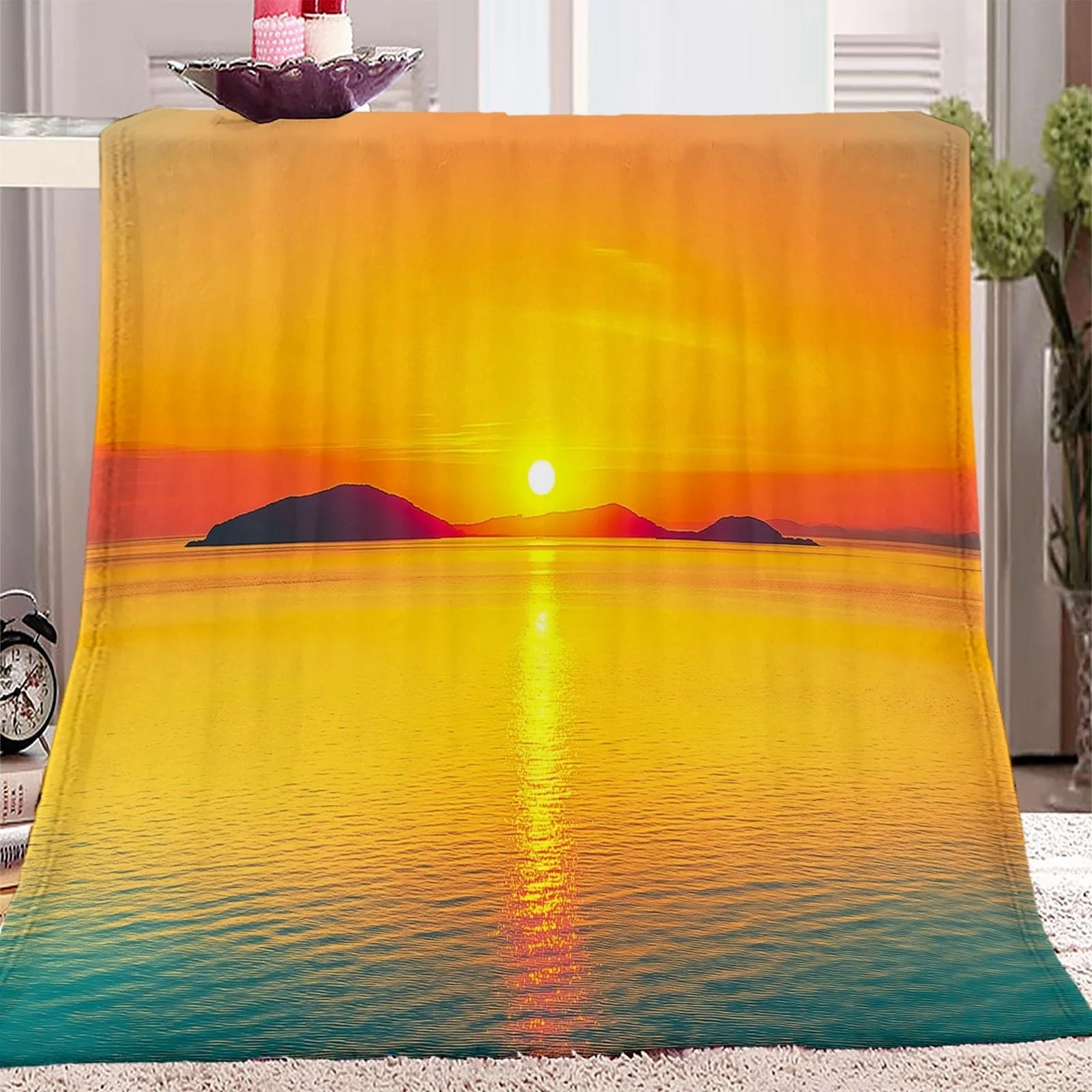 Одеяло Halloween Флисовое Оранжевый Цвет С принтом Закат Побережье Острова 200 x 220 см, фото №1