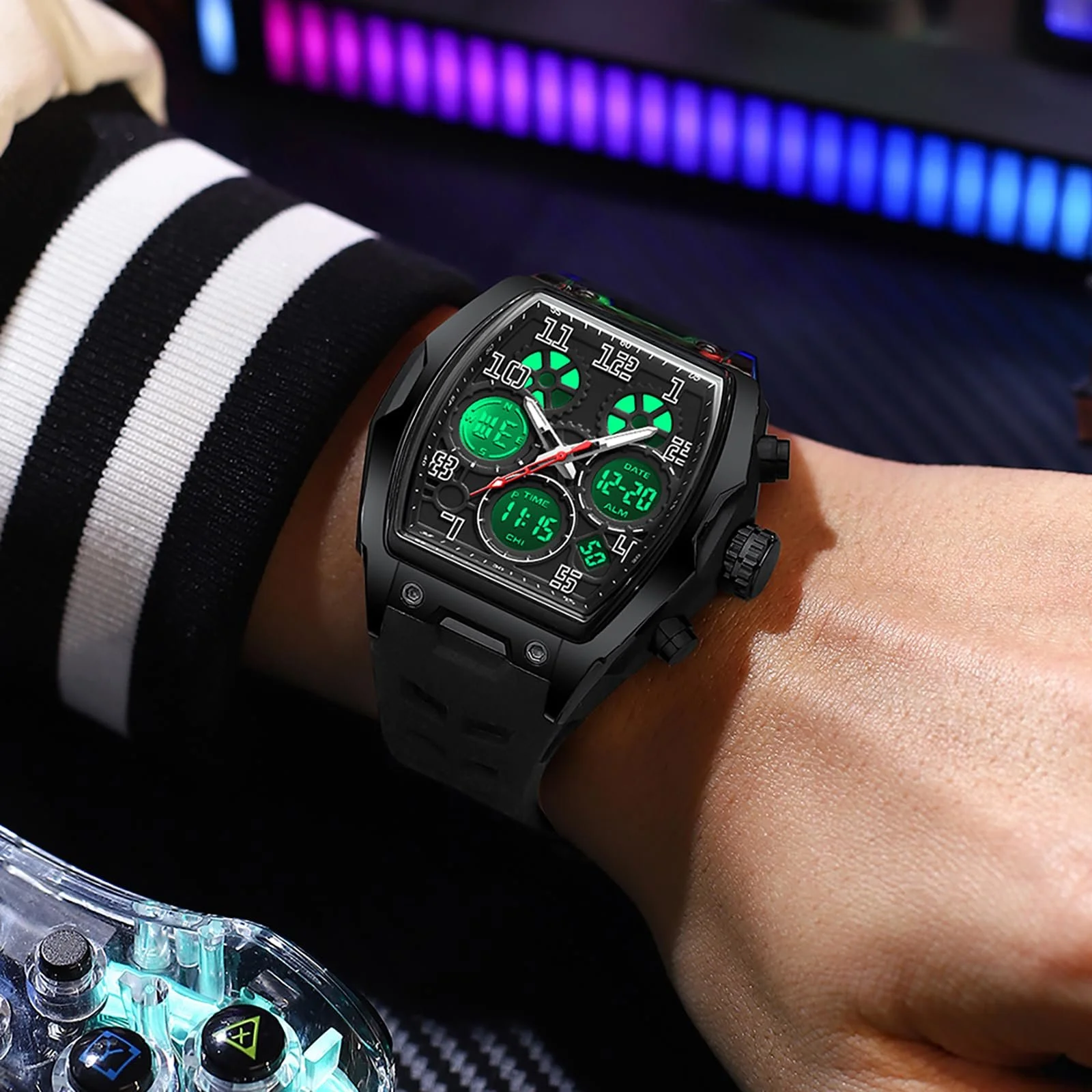 Часы спортивные цифровые мужские Findtime Большой циферблат Водонепроницаемые светодиодная подсветка Будильник Секундомер Уникальный дизайн двойной, фото №6