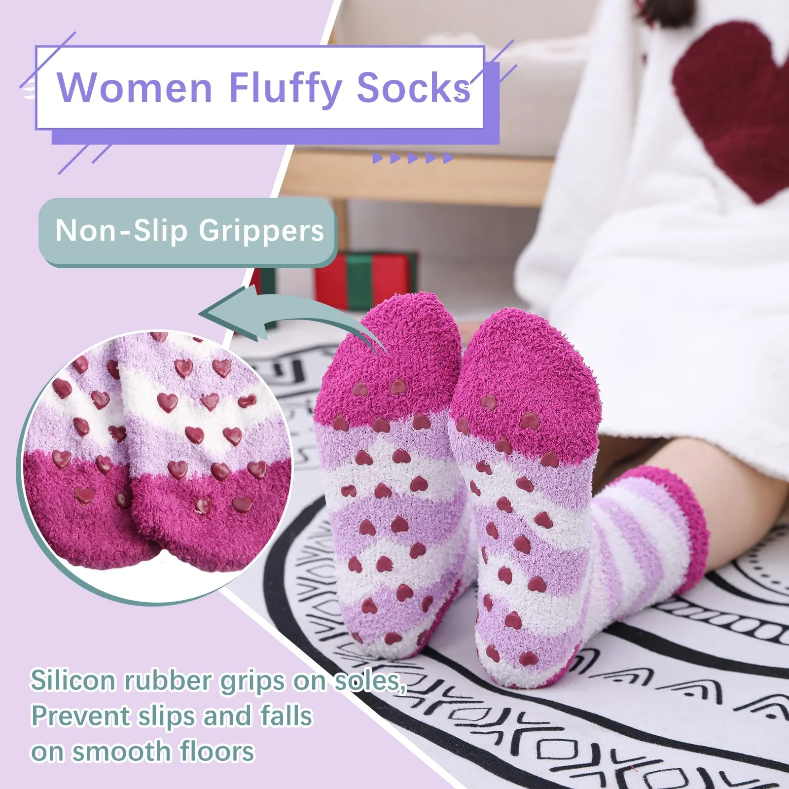 Носки Cuddly Stopper Женские Пушистые Зимние Носки Теплые Носки-тапочки Носки для кровати Домашние Носки, 6 пар фиолетовые, Универсальный размер, фото №3