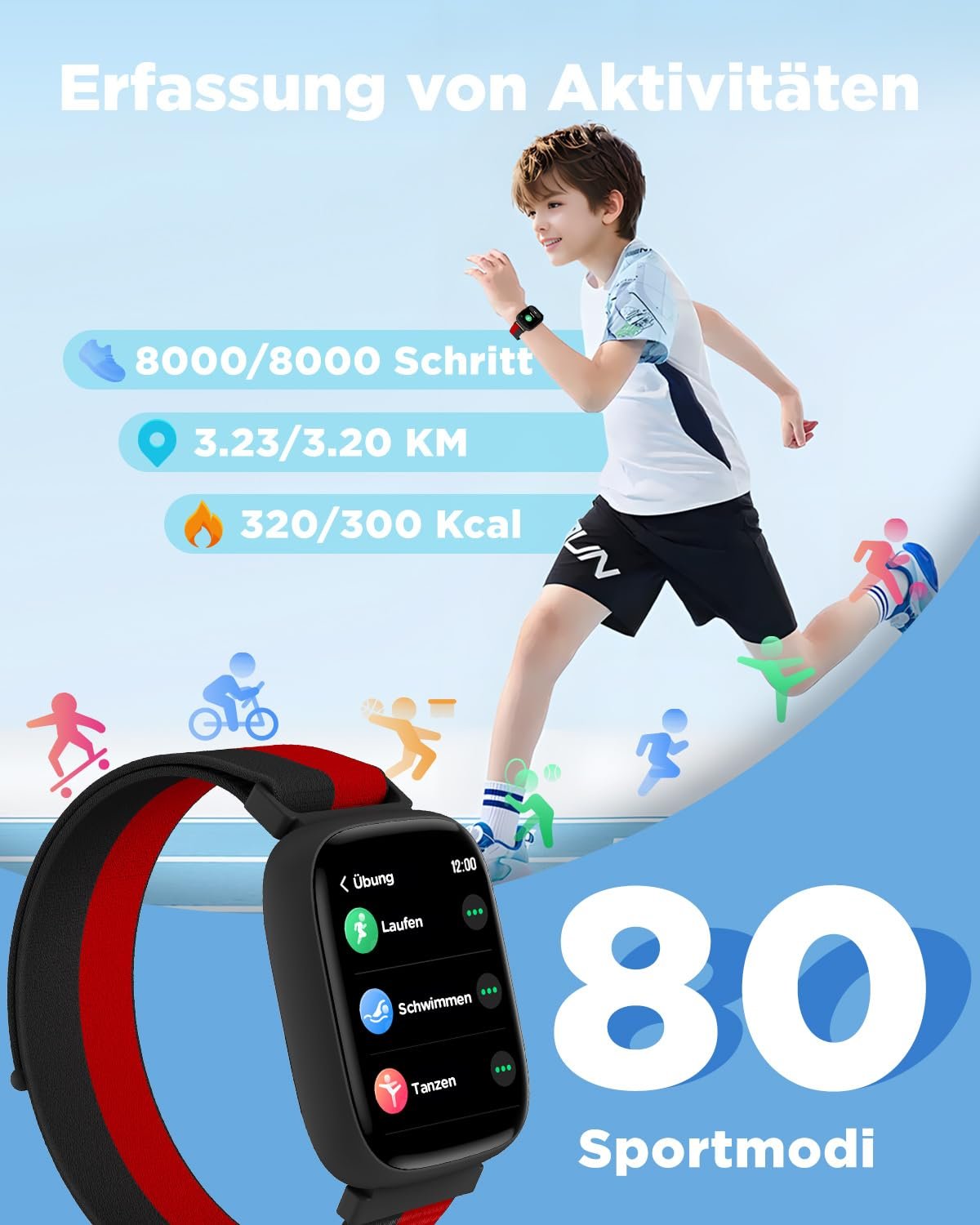 Смарт-годинник BIGGERFIVE Дитячий, 1.8 дюйма, крокомір, 24/7 пульс, IP68 водонепроникний, монітор сну, будильник, 5 головоломок з додатком/без додатку, фітнес-трекер для дівчаток, хлопчиків, підлітків 5-16 років, фото №3