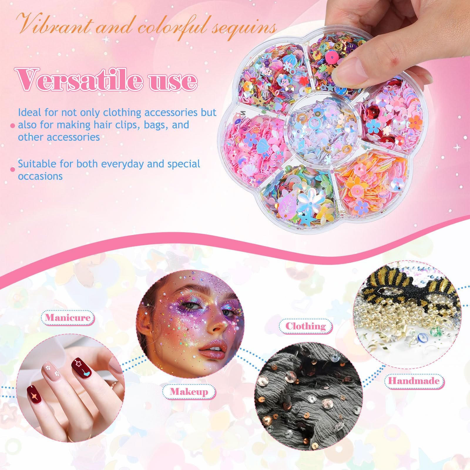 Блестки Рассыпчатые для рукоделия Плоские блестки с ярким светоотражением Разноцветные ювелирные бусинки для шитья Вышивка DIY Одежда Ногтевой дизайн, фото №3