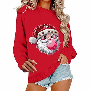 Женский рождественский свитшот Рождественский топ Женская одежда Женская модная повседневная Рождественская футболка с принтом Санты Круглый вырез Без капюшона Зимний свитшот для женщин - Фото 1