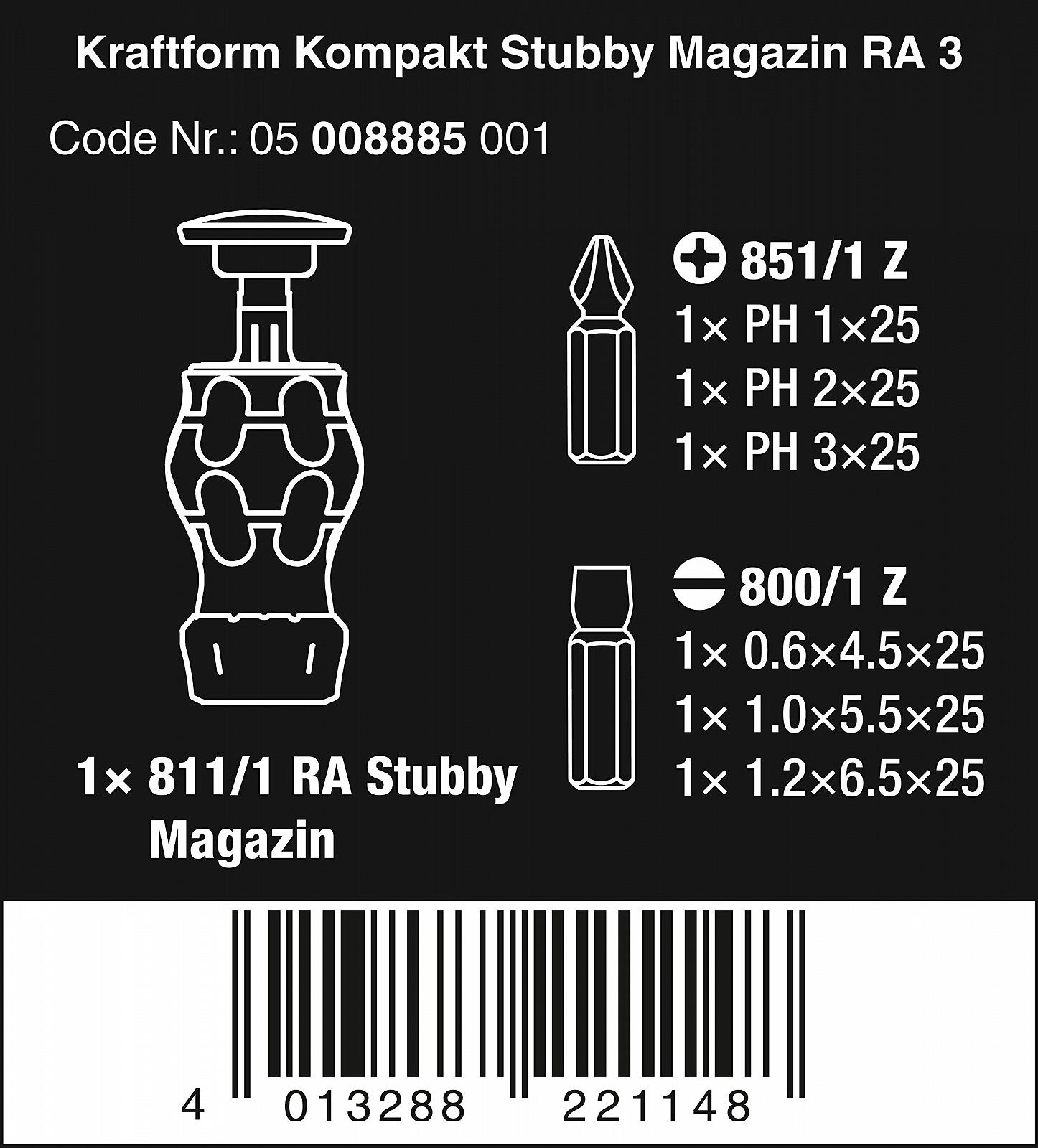 Викрутка-тріскачка з магазином біт Wera Kraftform Kompakt Stubby Magazine RA 3 05008885001 6 шт., фото №2 Викрутка-тріскачка з магазином біт Wera Kraftform Kompakt Stubby Magazine RA 3 05008885001 6 шт., фото №2