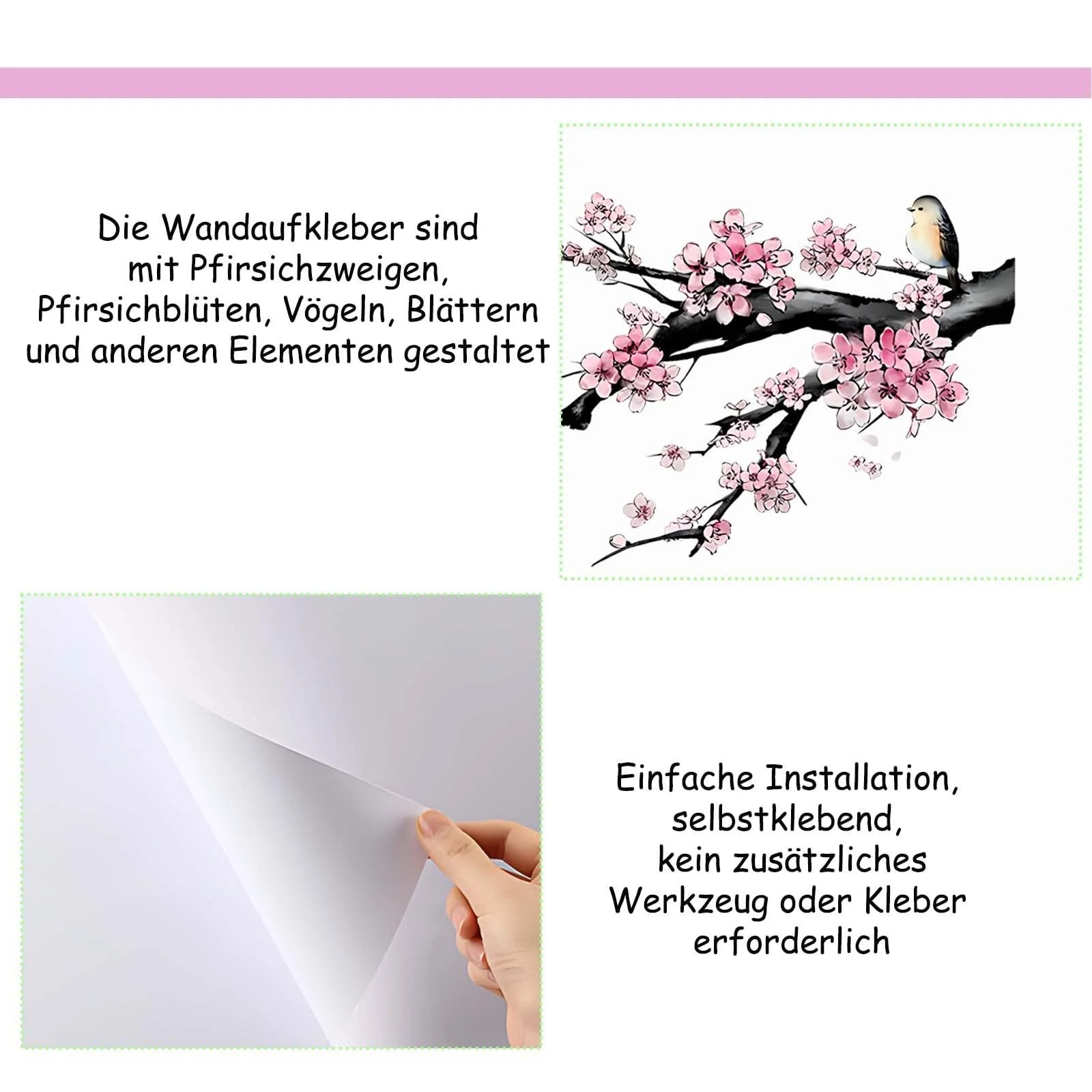 Наклейка на стіну 2 листи Гілка квітучого персика та птахи 60 x 30 см, фото №4