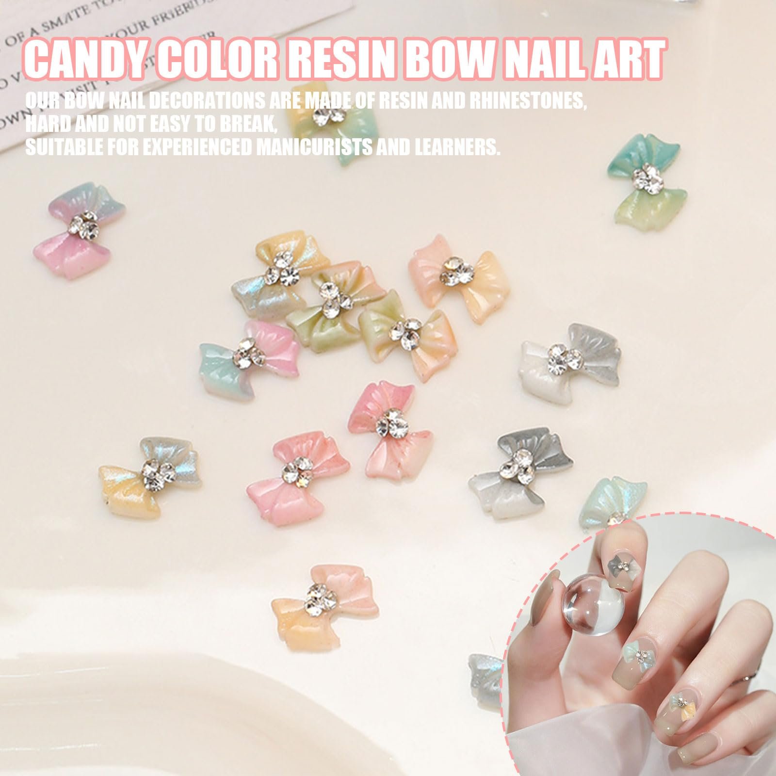 Украшения для ногтей в форме бантиков, Набор из 40 акриловых украшений для ногтей в форме бантиков, 3D украшения и стразы для дизайна ногтей своими руками, фото №3