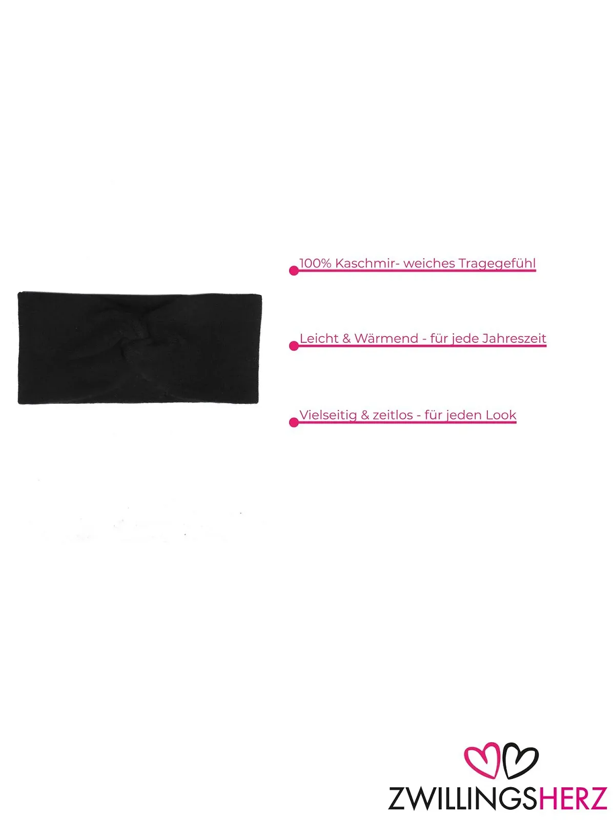 Пов'язка на голову Zwillingsherz 100% кашемір чорний, фото №3