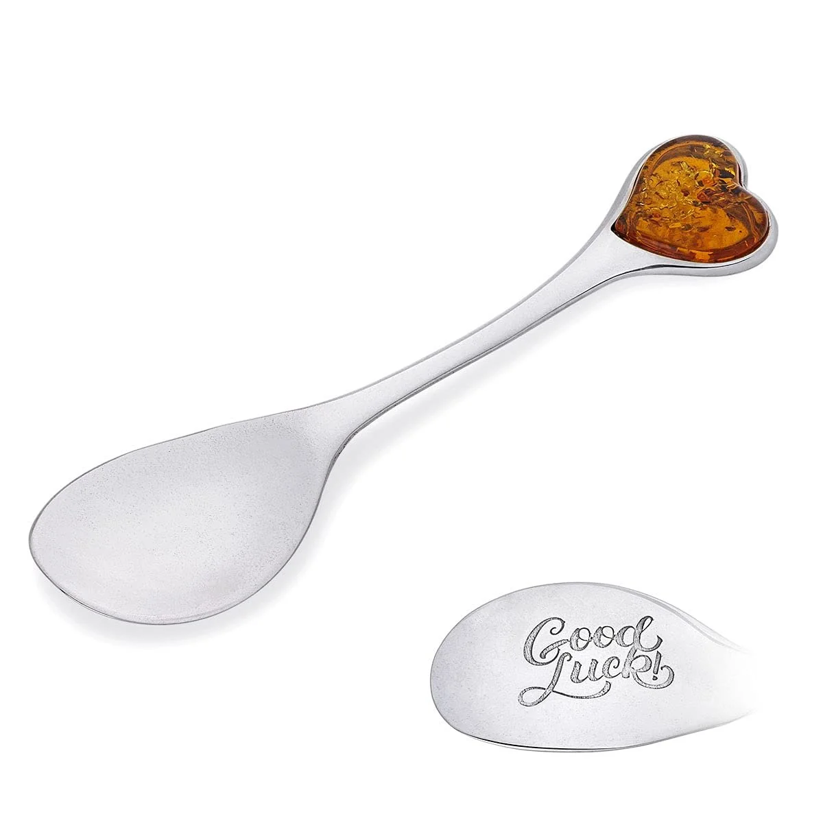 Ложка Сувенірна Good Luck Срібло 925 проби Серце з бурштину L Коньячний колір, фото №1