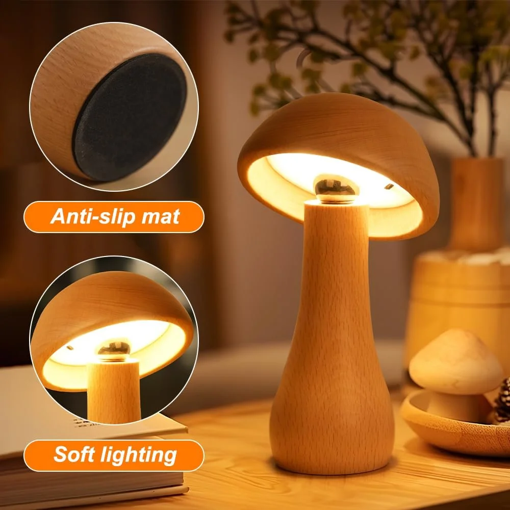 Нічний світильник настільна лампа MiOYOOW Wooden Mushroom сенсорна з регулюванням яскравості зі знімною головкою 360°, фото №4