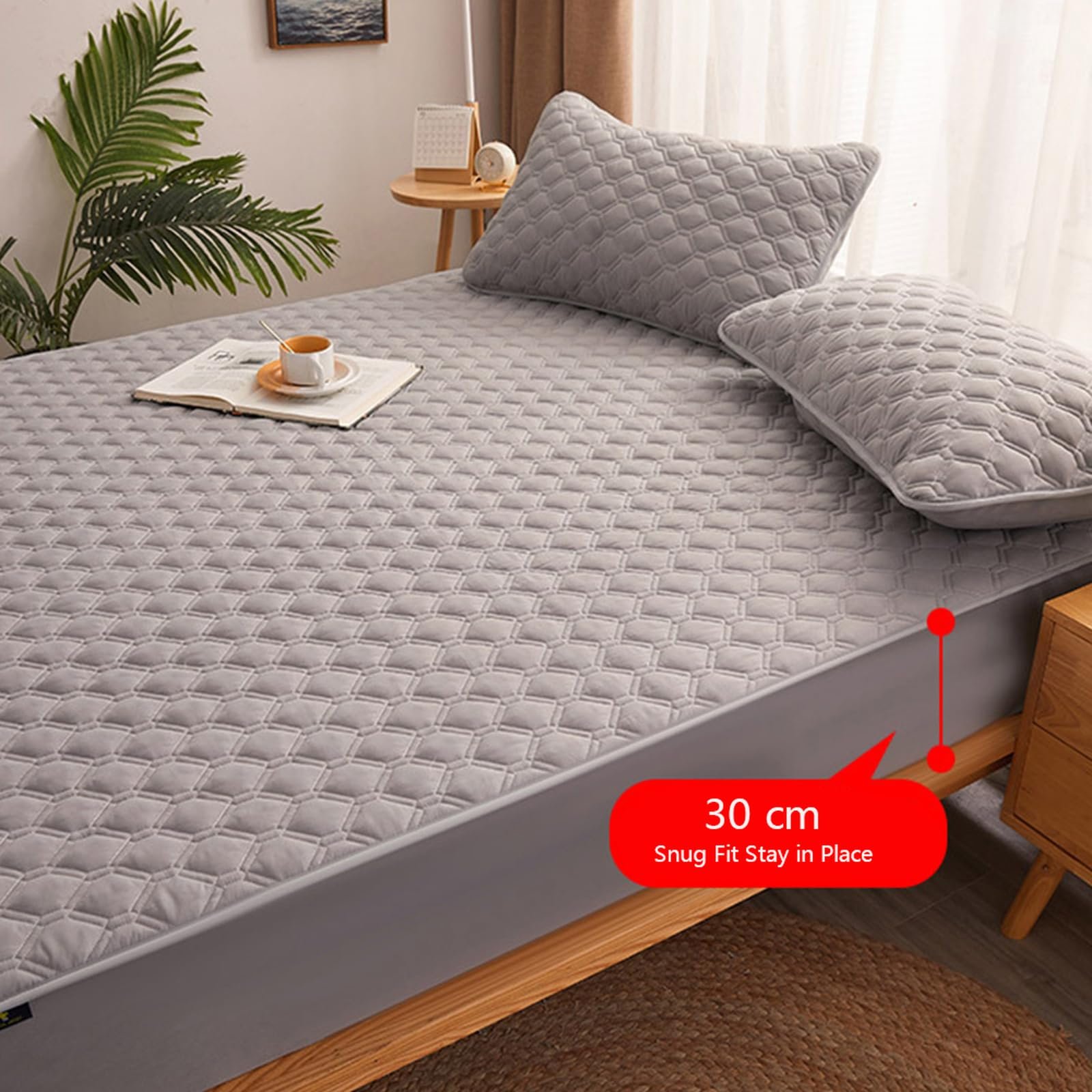 Наматрасник HAIBA 200 x 200 см Светло-серый стеганый натяжной лист до 30 см высоты матраса из микрофибры, фото №4