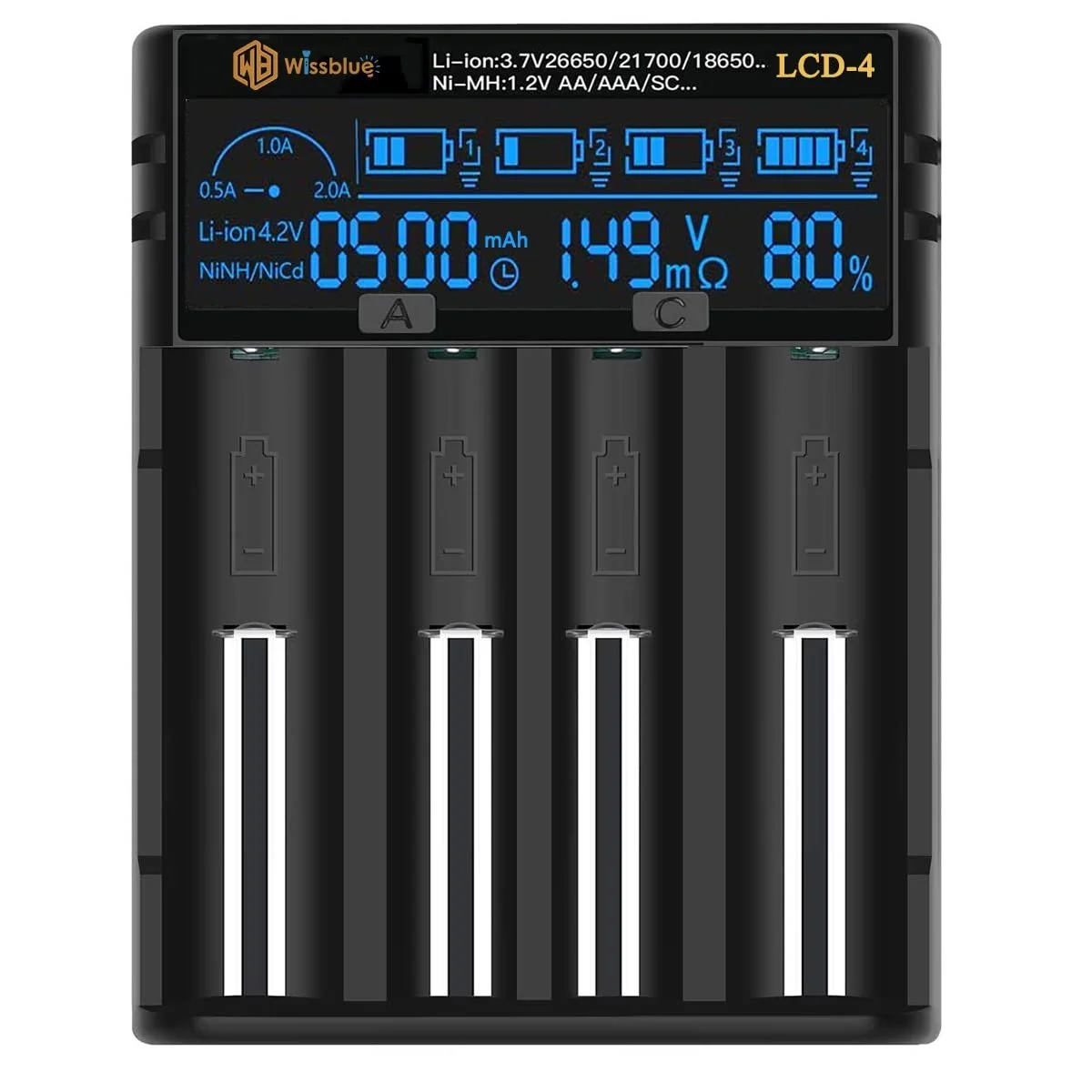 Зарядний пристрій для акумуляторів WISSBLUE LCD-4 18650 2A, з LCD-дисплеєм та функцією Power Bank для 3.7 V 14500 16340 18650 20700 21700 26650 1.2 V AAAA A, фото №2