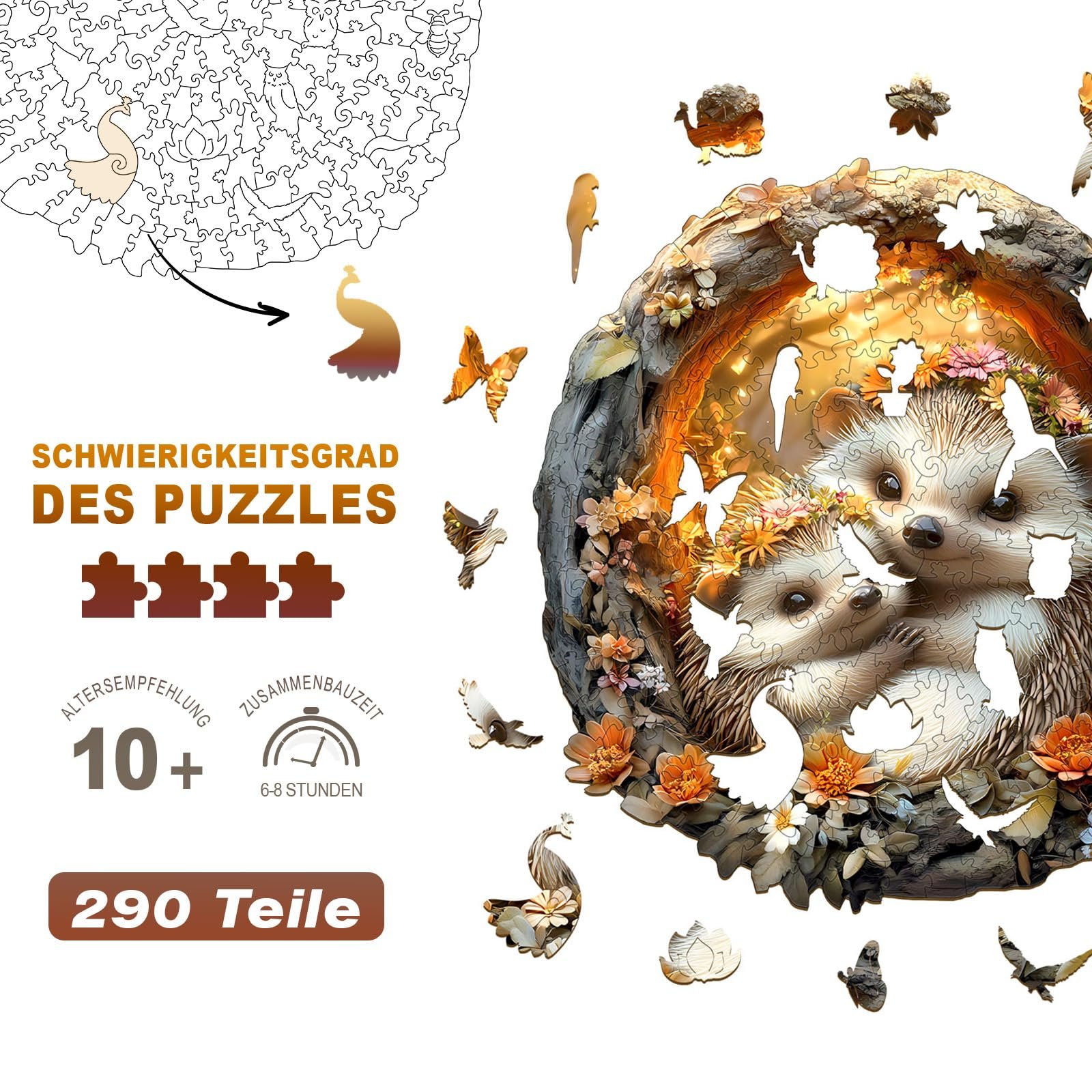 Дерев'яний пазл Hedgehog 290 деталей L-34 x 34 см, фото №5