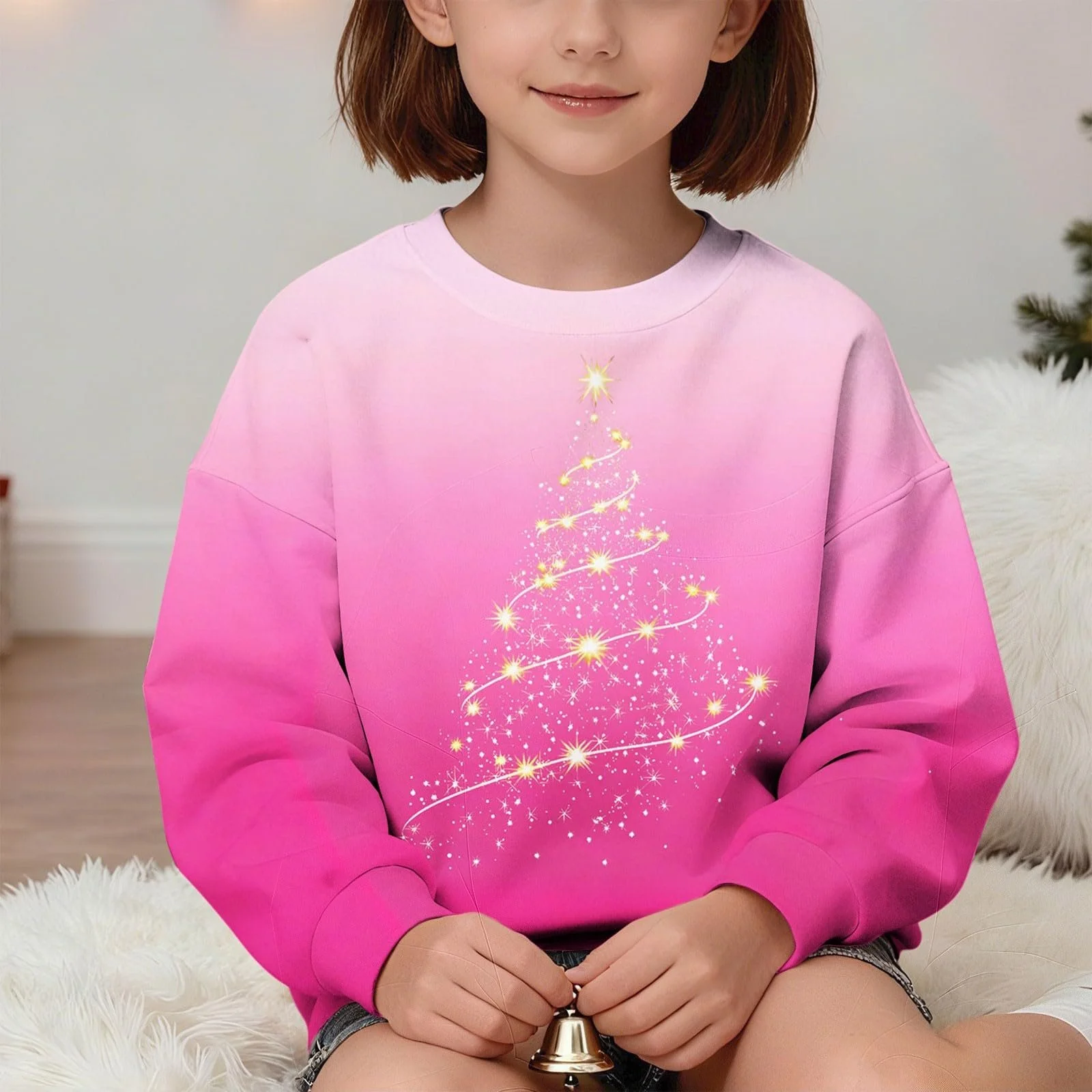 Детский рождественский джемпер, смешной джемпер для девочек, рождественская елка, принт, длинный рукав, круглый вырез горловины, праздничные топы, свободный свитшот, модная блузка, рождественский костюм, фото №8