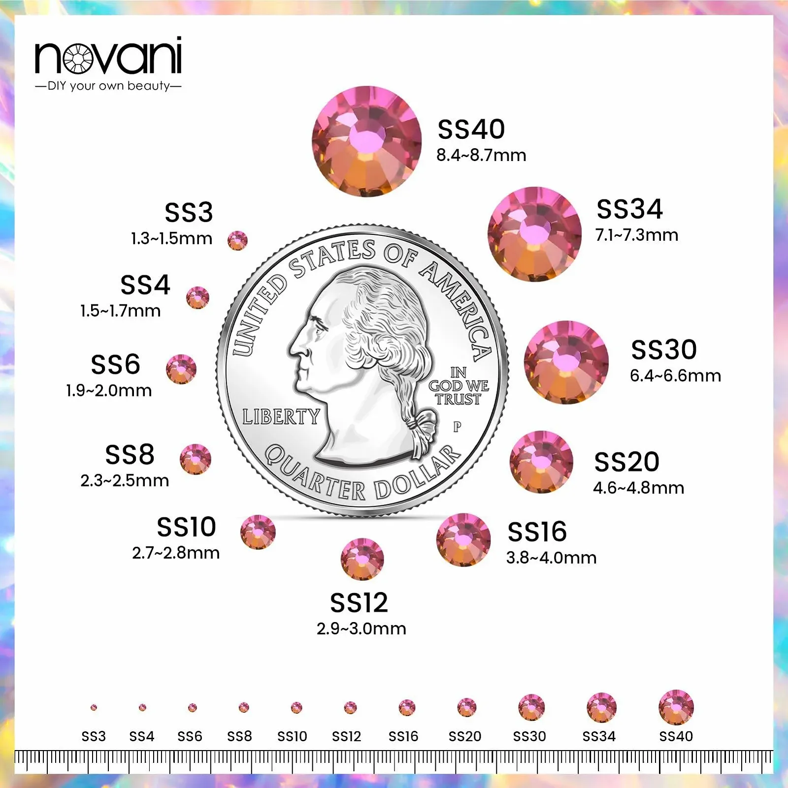 Стрази Novani Crystal Rhinestones, плоскі, 1440 шт., скляні, для одягу, взуття, рукоділля, макіяжу, та DIY прикрас SS12, райдужні, фото №3