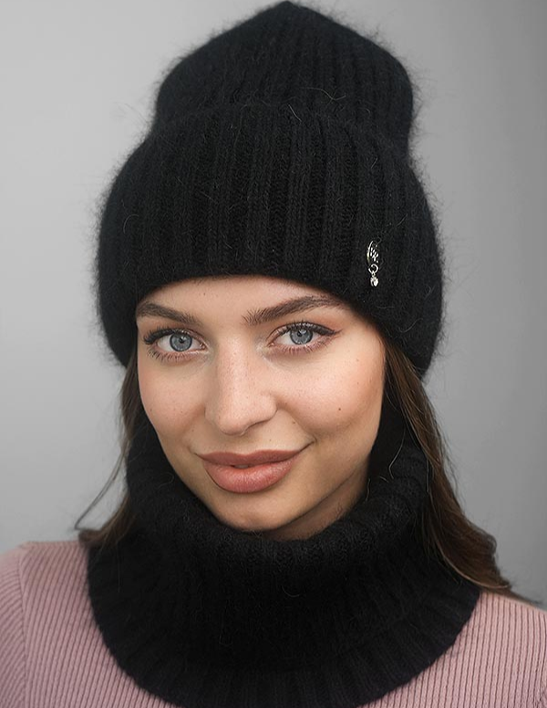 Комплект Braxton шапка вязаная женская + снуд черный (Витория 654W), фото №1