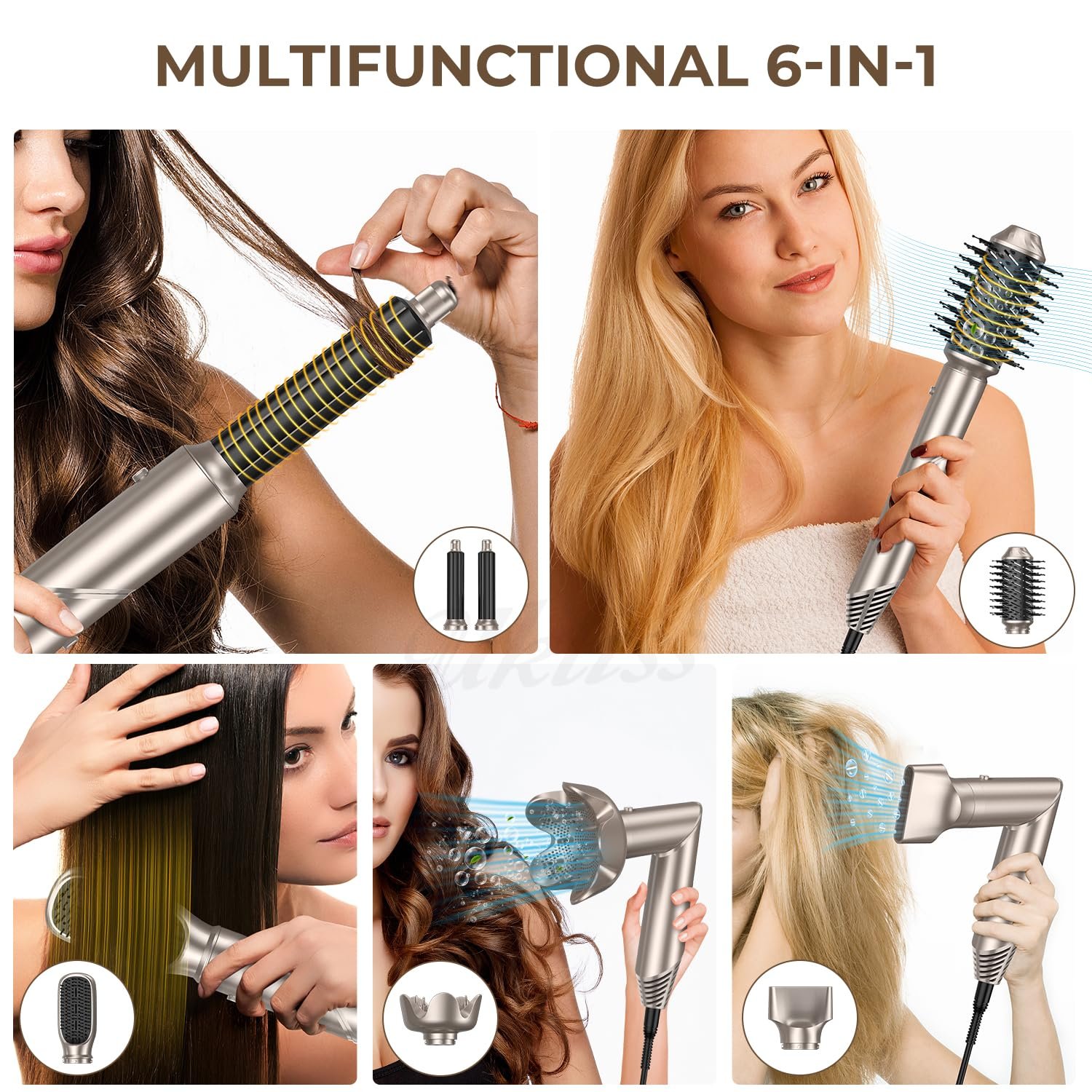 Мультистайлер UKLISS Airstyler 6-в-1 Фен-щетка Набор с плойкой, диффузором, щеткой для выпрямления, круглой щеткой 60000 об/мин Золотой, фото №7
