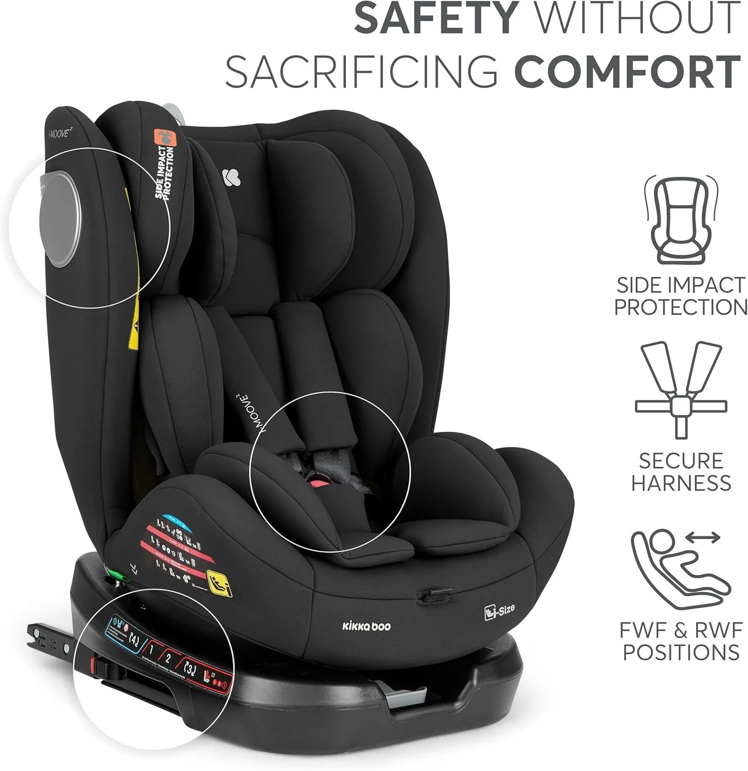Детское автокресло KikkaBoo i-Moove 2 i-Size / 40–150 см / Поворот на 360° / Чёрный, фото №3