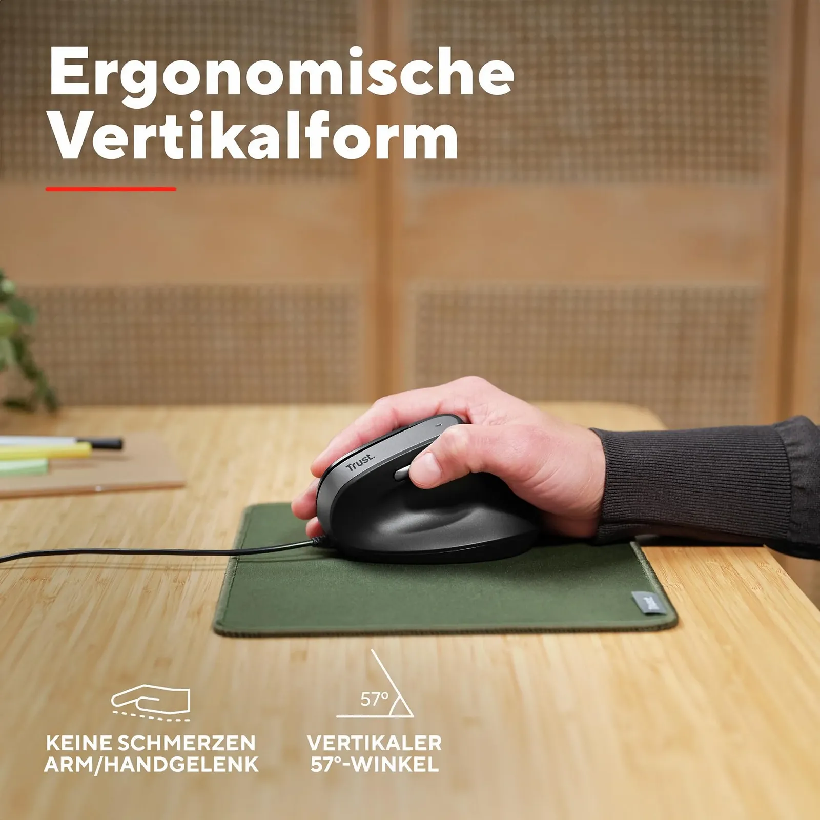 Мышь Trust Yuno Vertikale, эргономичная для правшей, предотвращение "мышиной руки"/теннисного локтя (синдром RSI), PC-мышь с кабелем, компьютер, ноутбук, Mac - Черный, фото №3