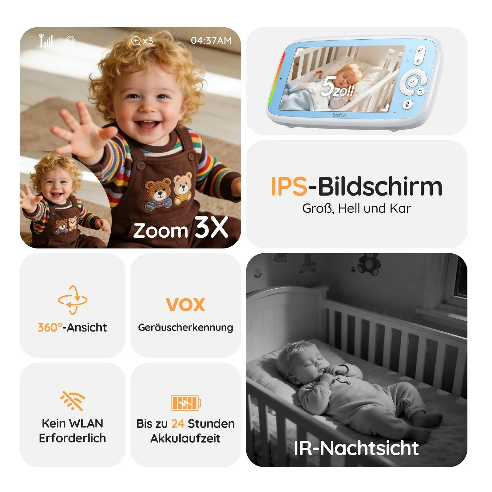 Видеоняня BOIFUN 5 дюймов IPS PTZ 360° Ночное видение Датчик шума/температуры 300 м 3050 mAh Двусторонняя аудиосвязь, фото №2