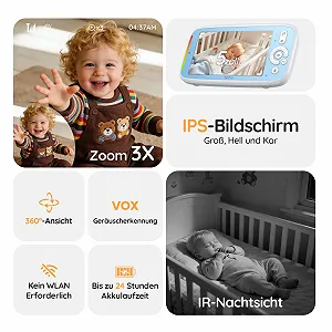 Видеоняня BOIFUN 5 дюймов IPS PTZ 360° Ночное видение Датчик шума/температуры 300 м 3050 mAh Двусторонняя аудиосвязь synthetic.ua - Фото 1