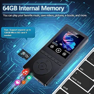 MP3-плеєр 64GB Bluetooth 5.3, MP3-плеєр з динаміком, відтворенням музики, диктофоном, електронною книгою, HiFi звуком, навушниками, підтримкою TF-карти 128GB, чорний synthetic.ua - Фото 1