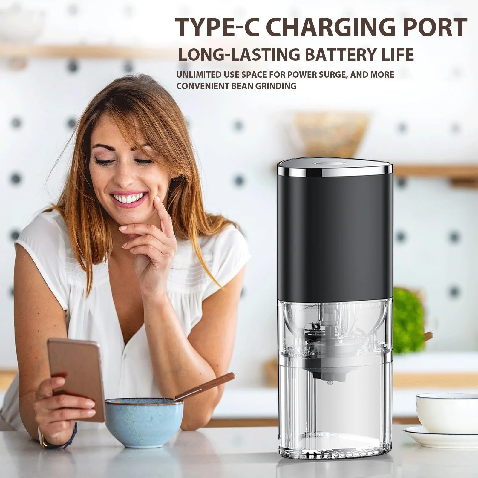 Кофемолка Zoegneer USB аккумуляторная беспроводная портативная для дома и офиса (Черная), фото №3