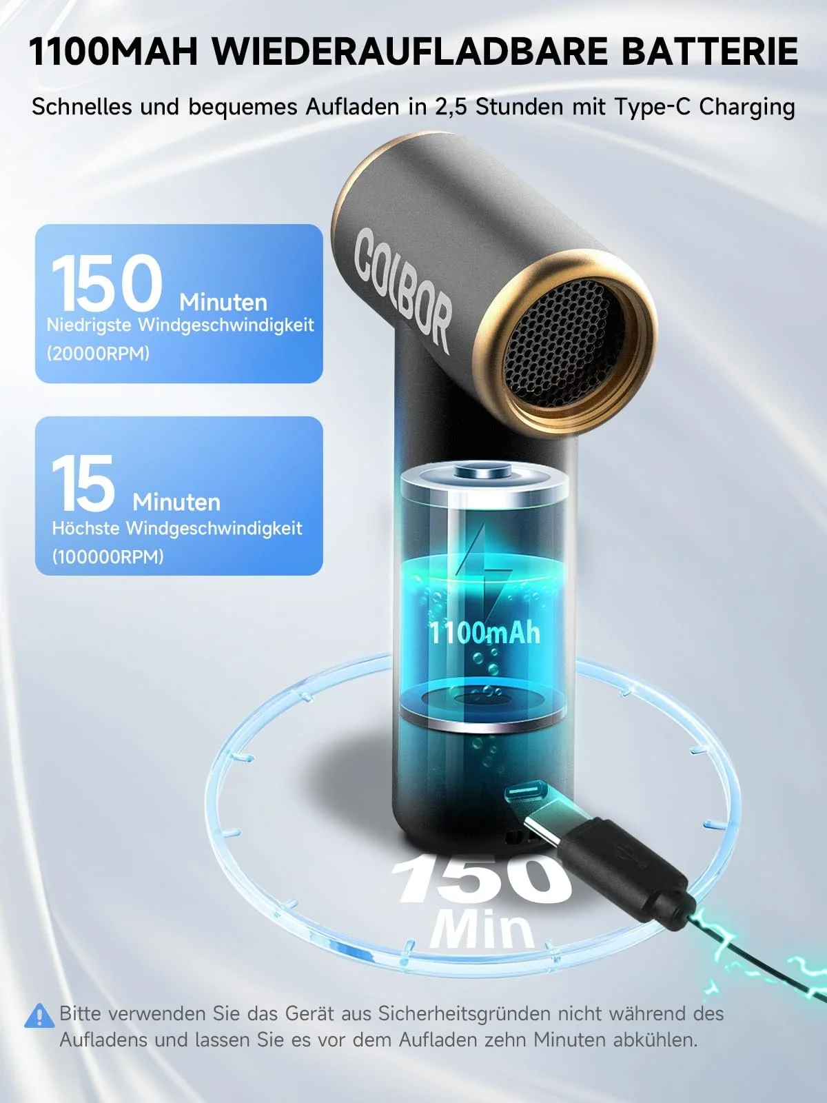 Электрическая воздуходувка COLBOR AirMaxx A1 100,000 RPM LED USB Металлическая, фото №7