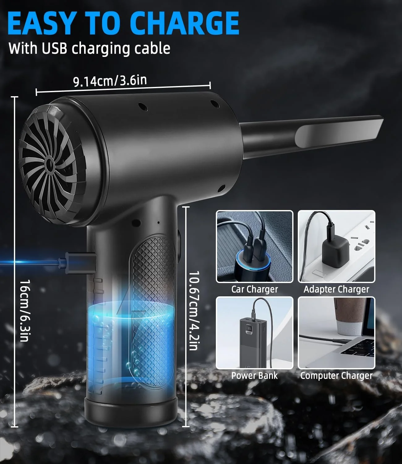 Акумуляторна повітродувка Yulado 7.2 KPA 3 швидкості з підсвіткою та аксесуарами, фото №5